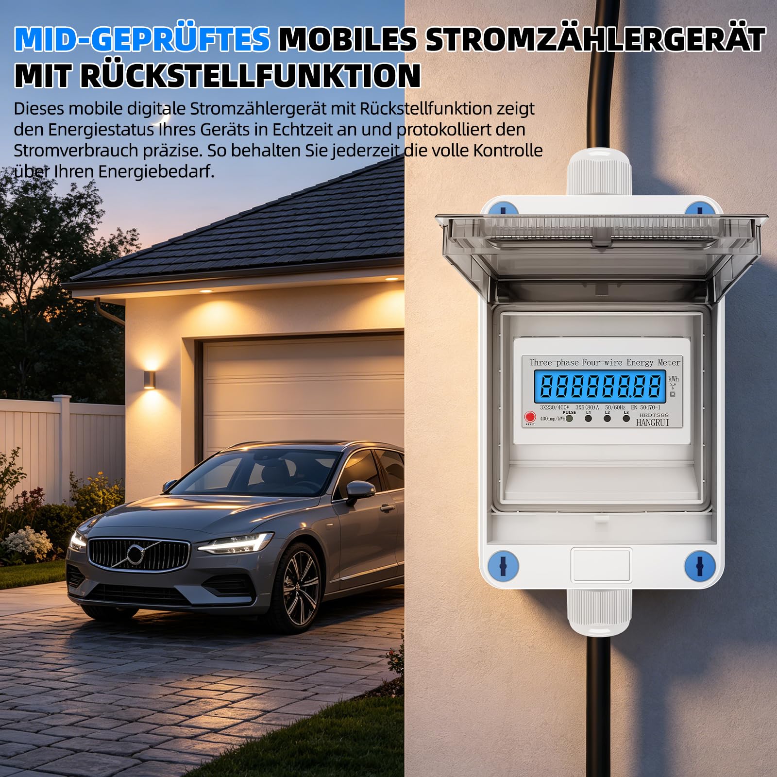 3 Phasen Mobiler Stromzähler mit LED und Rückstellfunktion,32A 400V | CEE Stecker und Kupplung,MID-Kalibrierungstechnologie,sechsstellige Werte an,5-polig,Schutzart IP68,1M+1M Kabels,für Camping