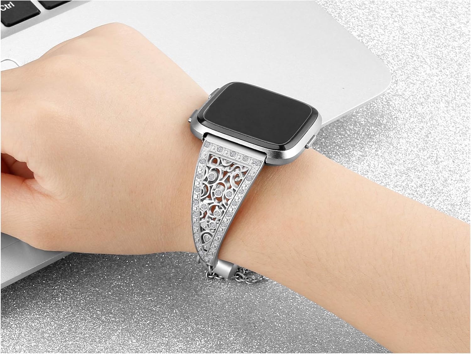 AISPORTS Compatible with Fitbit Versa 2 Band for Women, Slim Crystal Bling Glitter Diamond Wristband Metal Buckle Jewelry Bracelet Replacement Band for Fitbit Versa 2/Versa/Versa Lite Smart Watch - Image 6