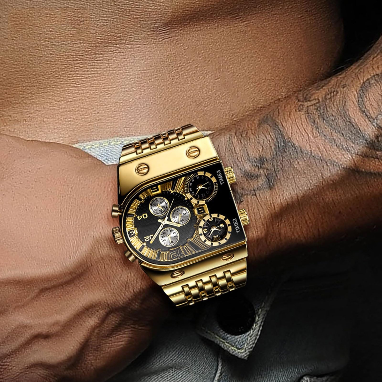 Reloj Luminoso for Hombre, multizona horaria, Esfera Grande, Reloj de Pulsera de Cuarzo con Correa de Acero, Accesorios Formales for Hombre. Reloj de Pulsera