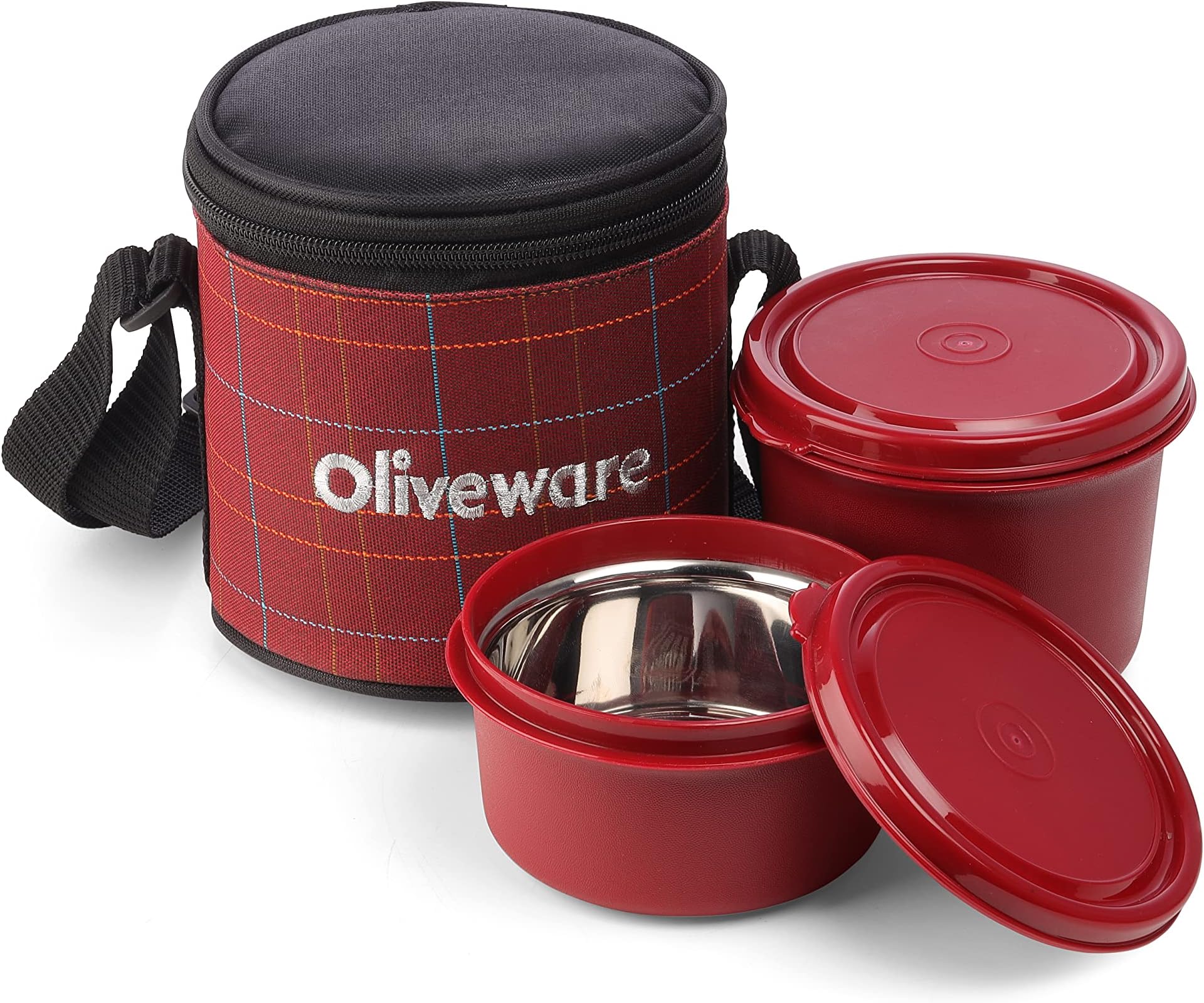 Oliveware Cleo Lunch Box | 2 Stainless Steel Containers | Microwave Safe | Insulated Fabric Bag | Leak Proof | Full Meal (Red)