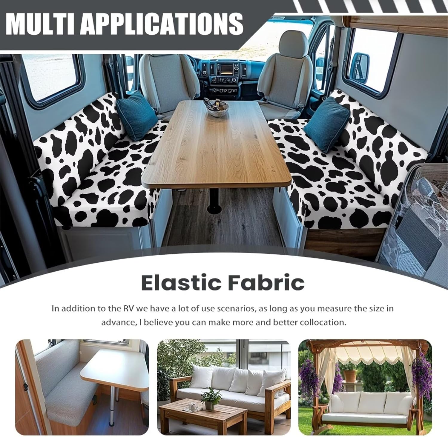 RV Dinette Cushion Covers Milk Cow Design Camper Cushion Covers Dinette Booth Set Microfiber Stretchable Fabric Loveseat Sofa Slipcover for Camper Car Bench Seats