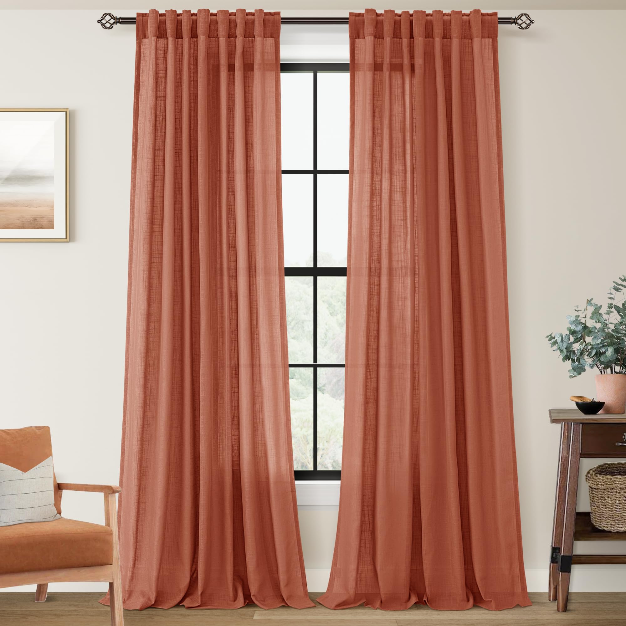 View 1 of 100 inch Linen Terracotta Curtains 2 Panels for Living Room Back Tab Light Filtering Semi Sheer Rust Colored Curtains 100 inches Long Soft Thick Cotton Cloth Textured Rustic Boho Farmhouse Room Decor
