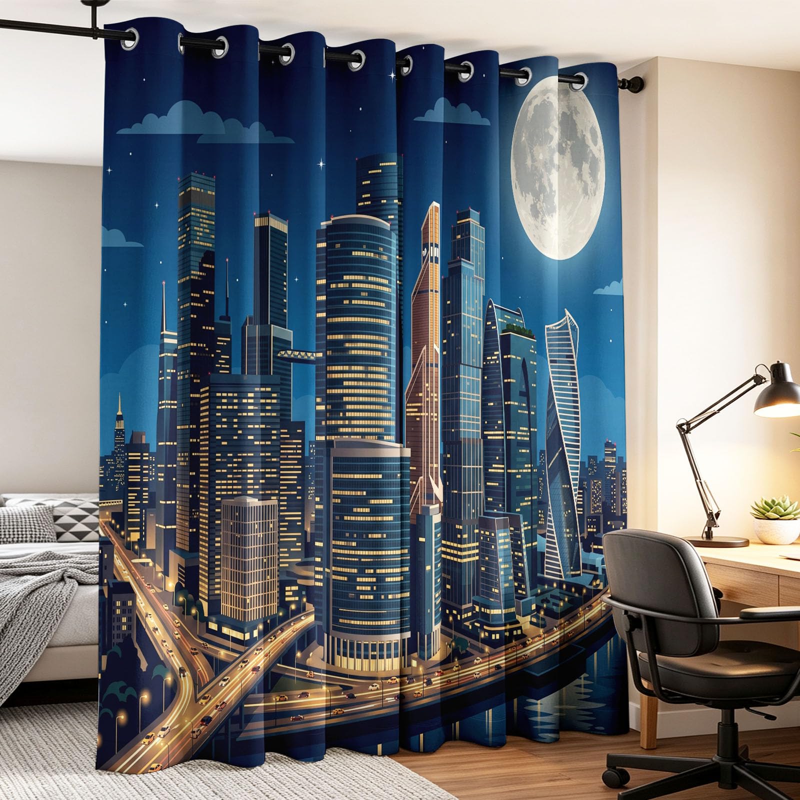 Générique Rideau Occultant Moderne Urbain 132 x 214 CM, Ville Architecture Rideaux et Draperies pour Enfants Filles Chambre Salon Rideaux de Fenêtre Thermiques Isolants