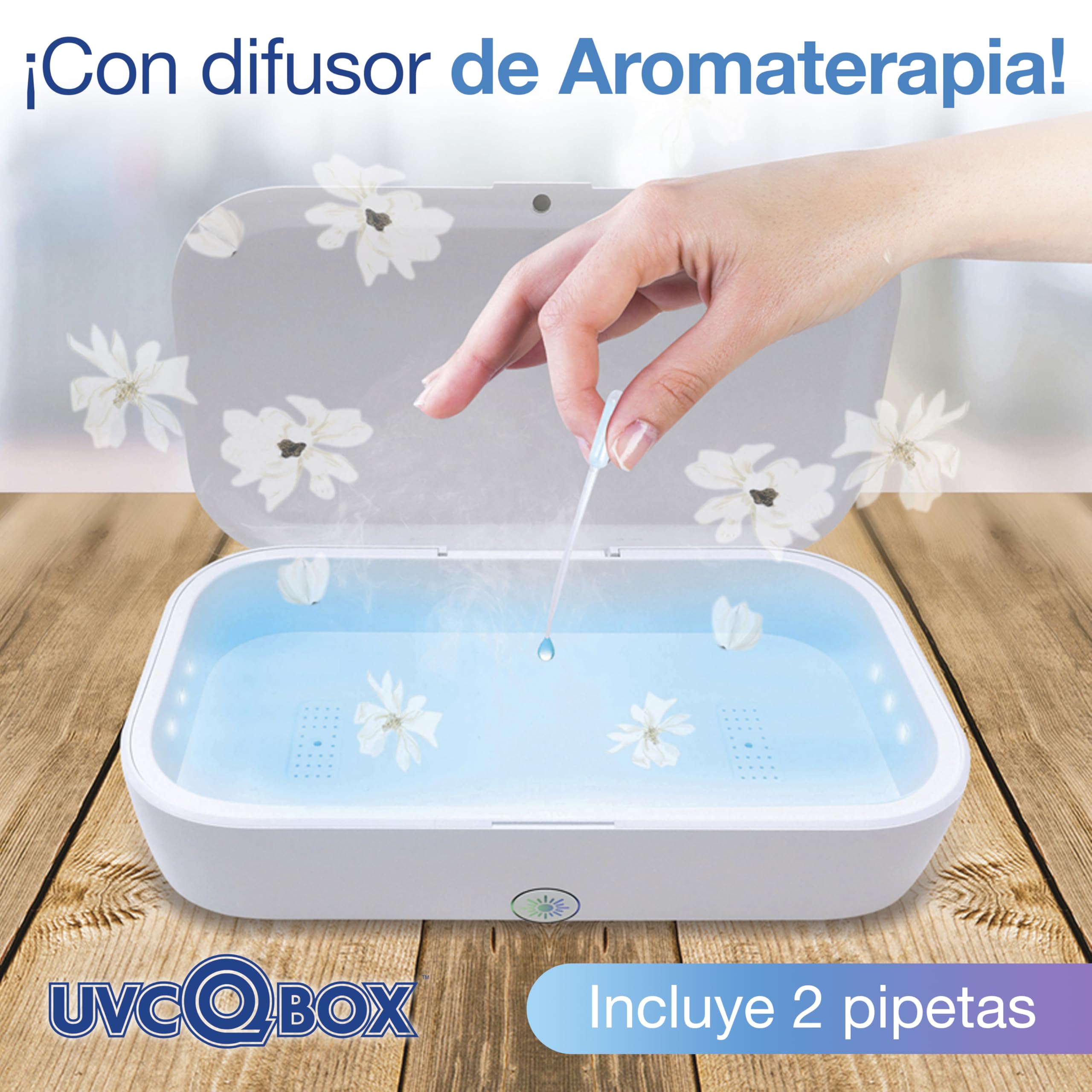 UVC Q Box Esterilizador UV para Móviles, Llaves, Joyas y Objetos personales con Luz Ultravioleta. Desinfecta, Purifica, Aromatiza y Carga el móvil. Elimina el 99,9% de Virus y gérmenes