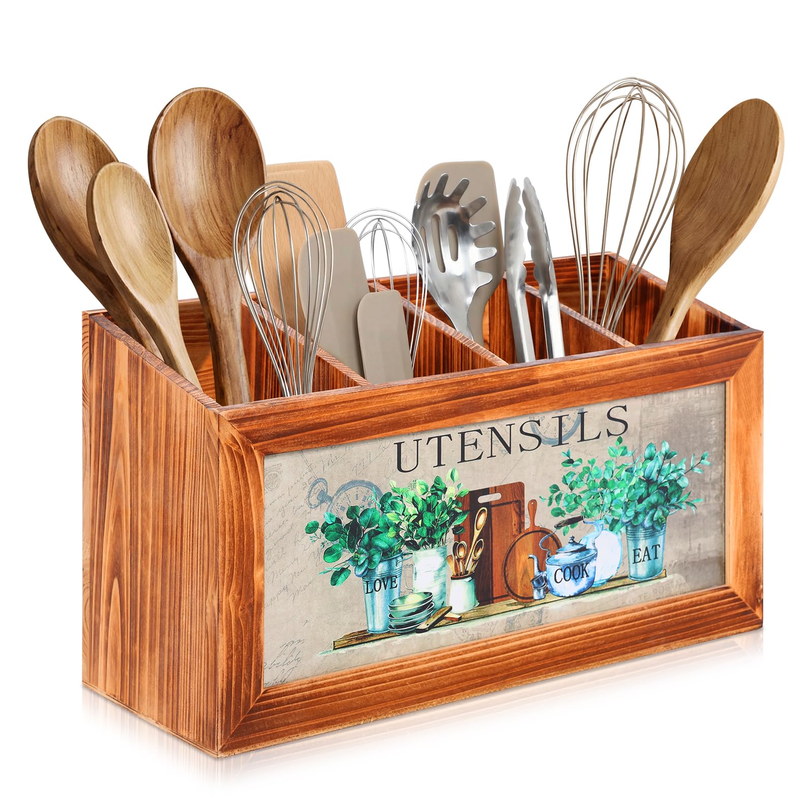 Zhjiutak Brown Kitchen Utensil Holder With 4 Compartments,Wood Cooking Utensil Organizer, Farmhouse Utensils Crocks Cutlery Caddy For Home Kitchen Counter(Brown)