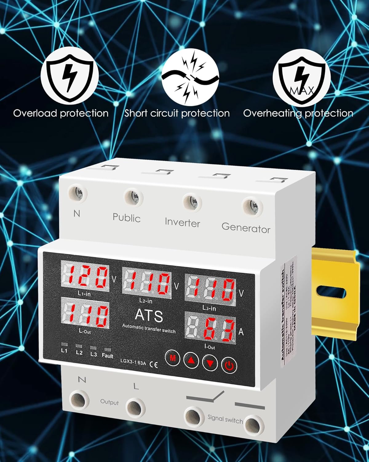 Automatic Transfer Switch for Generator Inverter, 110V 63A Adjustable Voltage Protector with LED Display, Overcurrent Overvoltage and Undervoltage Protections