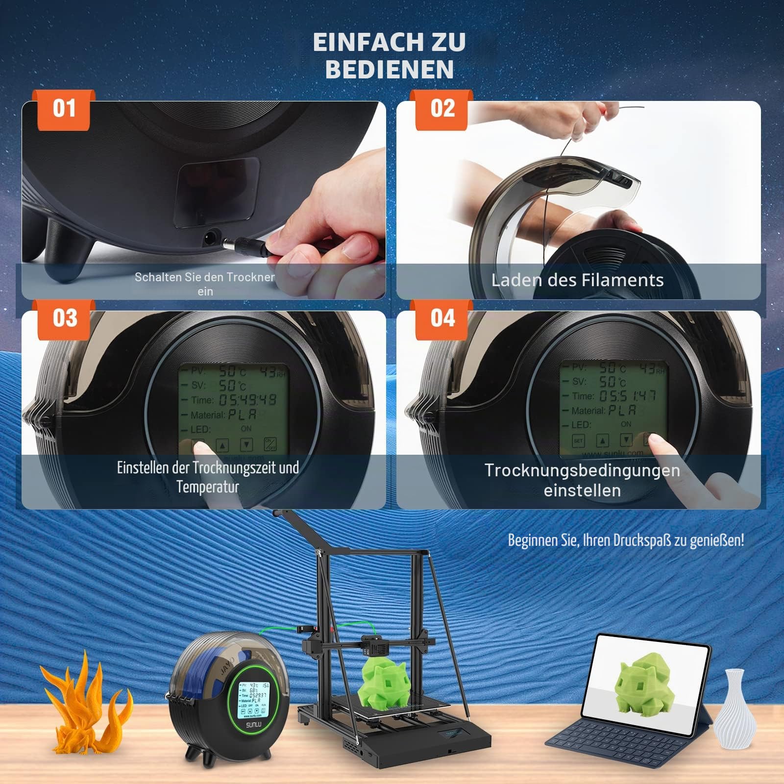 [Neueste Aktualisierung] SUNLU S2 Filament Trockner für FDM 3D-Drucker für Schnelles und Gleichmäßiges Trocknen, mit Lüfter 360° Rundumheizung und 4,6" Touchscreen, Dryer