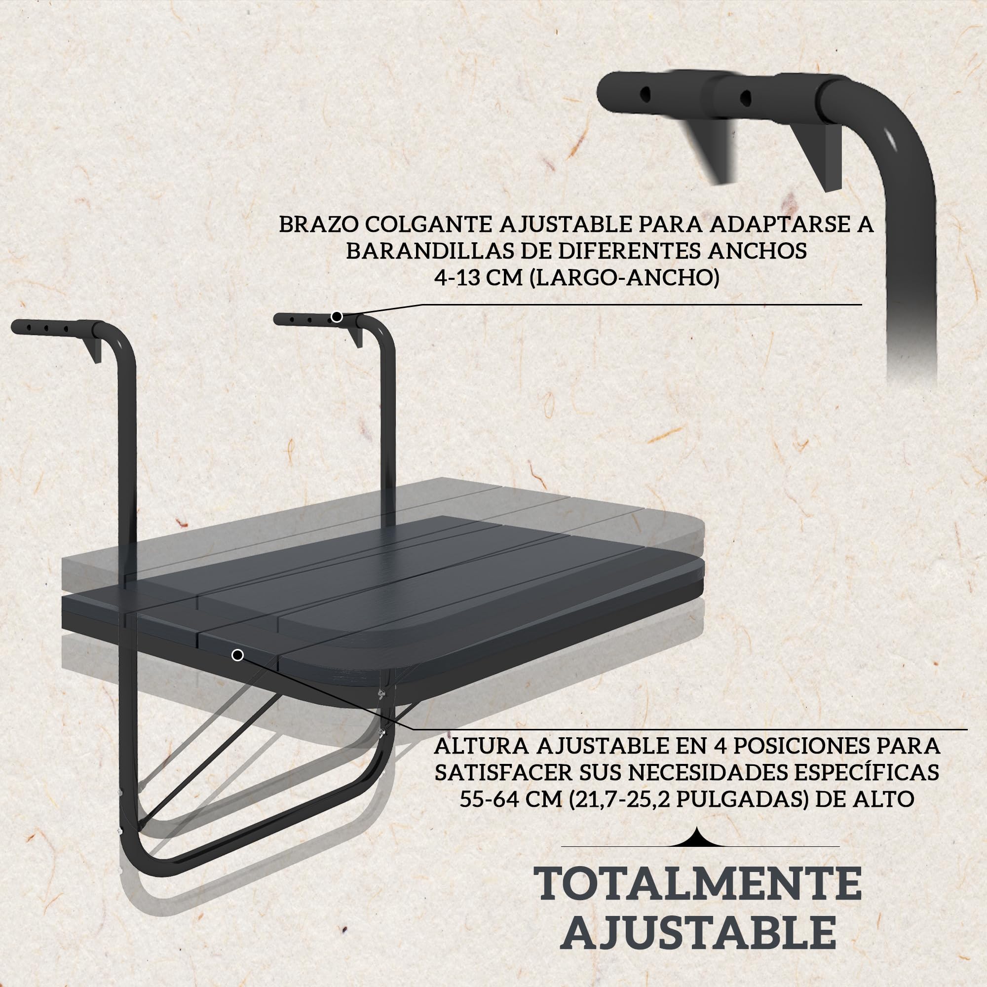 Outsunny Mesa Colgante de Balcón, Mesa Plegable para Balcón de Aluminio para Barandilla, con Altura Ajustable en 4 Niveles, Adaptable a 4 Anchos, Carga 25 kg, para Jardín, 60x40x55-64 cm, Negro