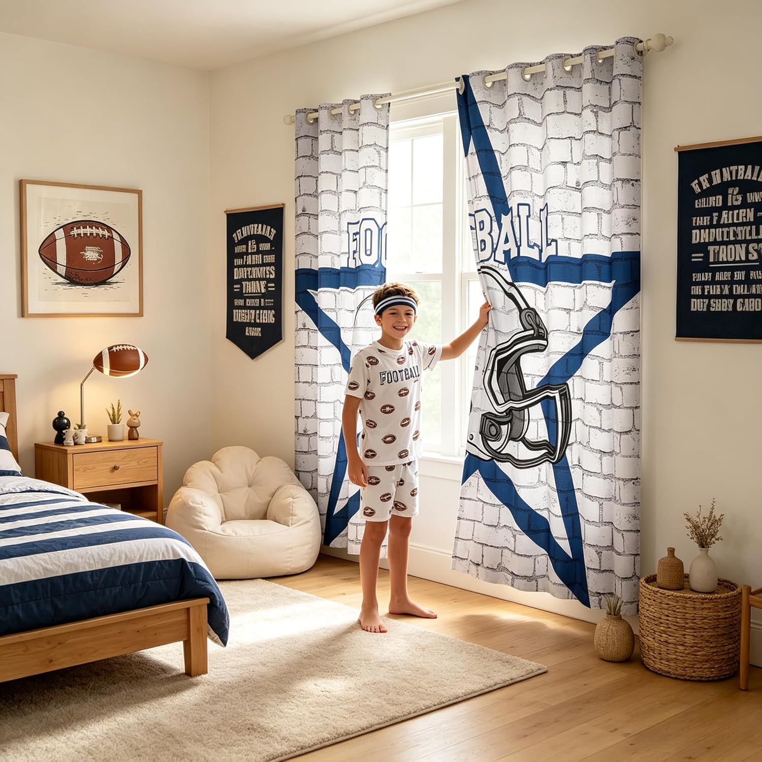 American Football Boys Blackout Curtains,Texas Star Cowboy Football Sports Window Drapes for Boys Men,Rugby Helmet Brick Wall Retro Blue White Window Treatments Grommet Top 2 Panel Set,42Wx63L inch
