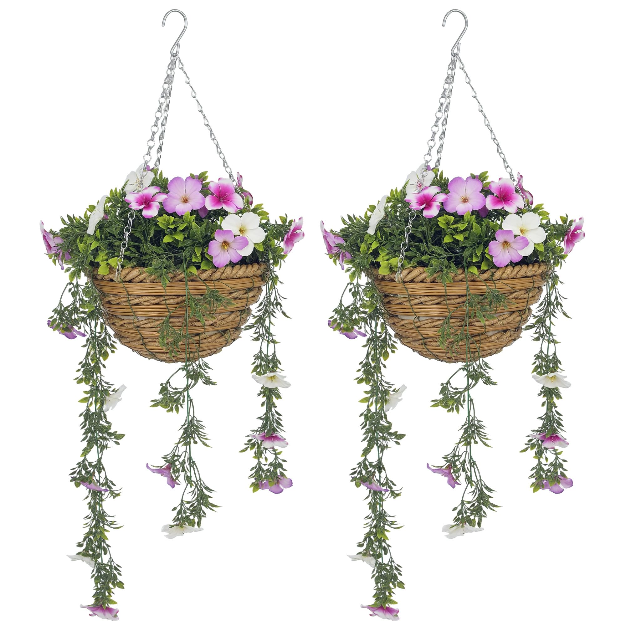 HOMCOM Set of 2 Artificial Silk Azalea Flowers, Hanging Planters with Basket, Faux Plants for Home Indoor Outdoor Decor, Pink and White