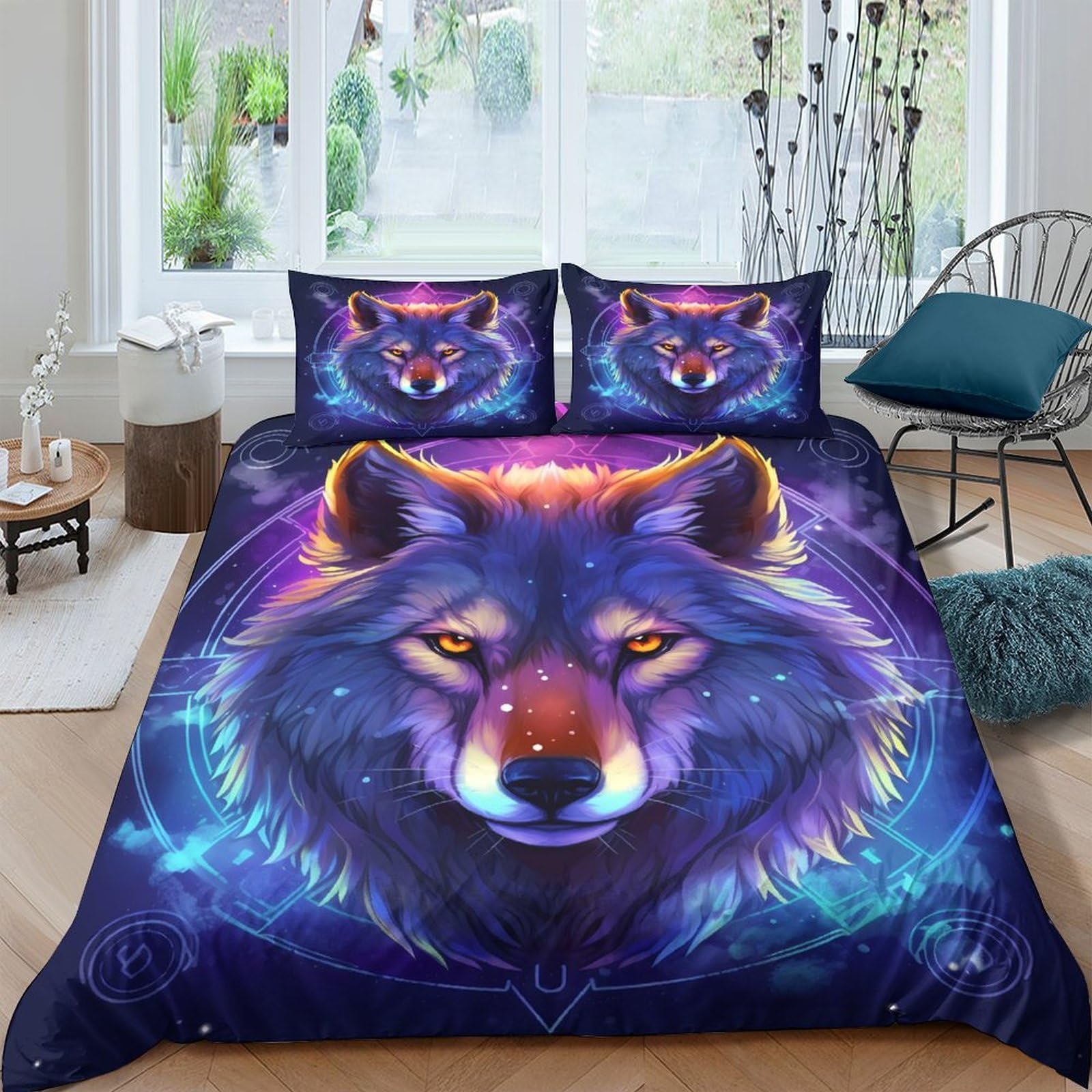 GPLZQXKJNH 3D Printed Wolf Galaxy Duvet Cover Microfiber Soft Breathable Cosmic Aurora Bedding Set with 2 Pillowcases for Bedroom Single（135x200cm）