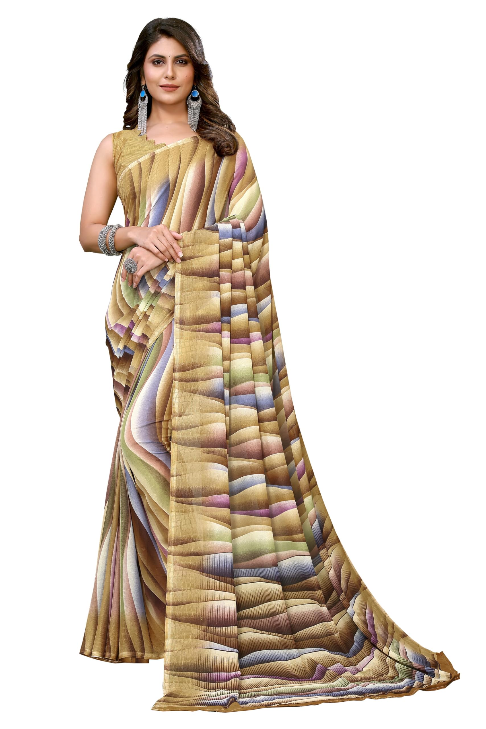 Yashika Women's Trendy Printed Georgette Purple Color Saree with Blouse Material