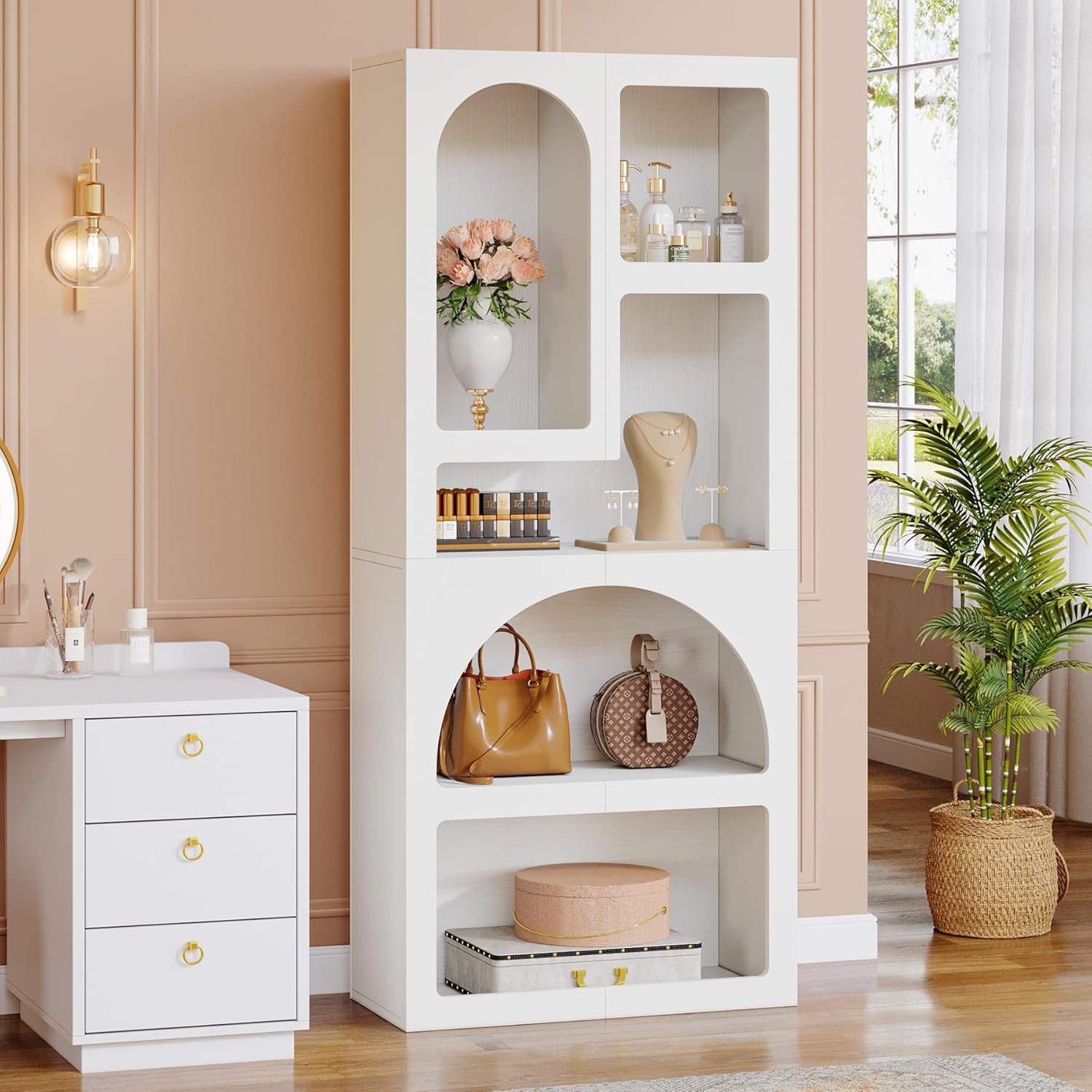 Tribesigns 70.87" Tall Geometric Bookshelf, White Arched Bookcase with 5 Irregular Storage Shelves, Modern Open Art Decor Display Shelf Free-Standing for Living Room, Bedroom, Closet 1 White