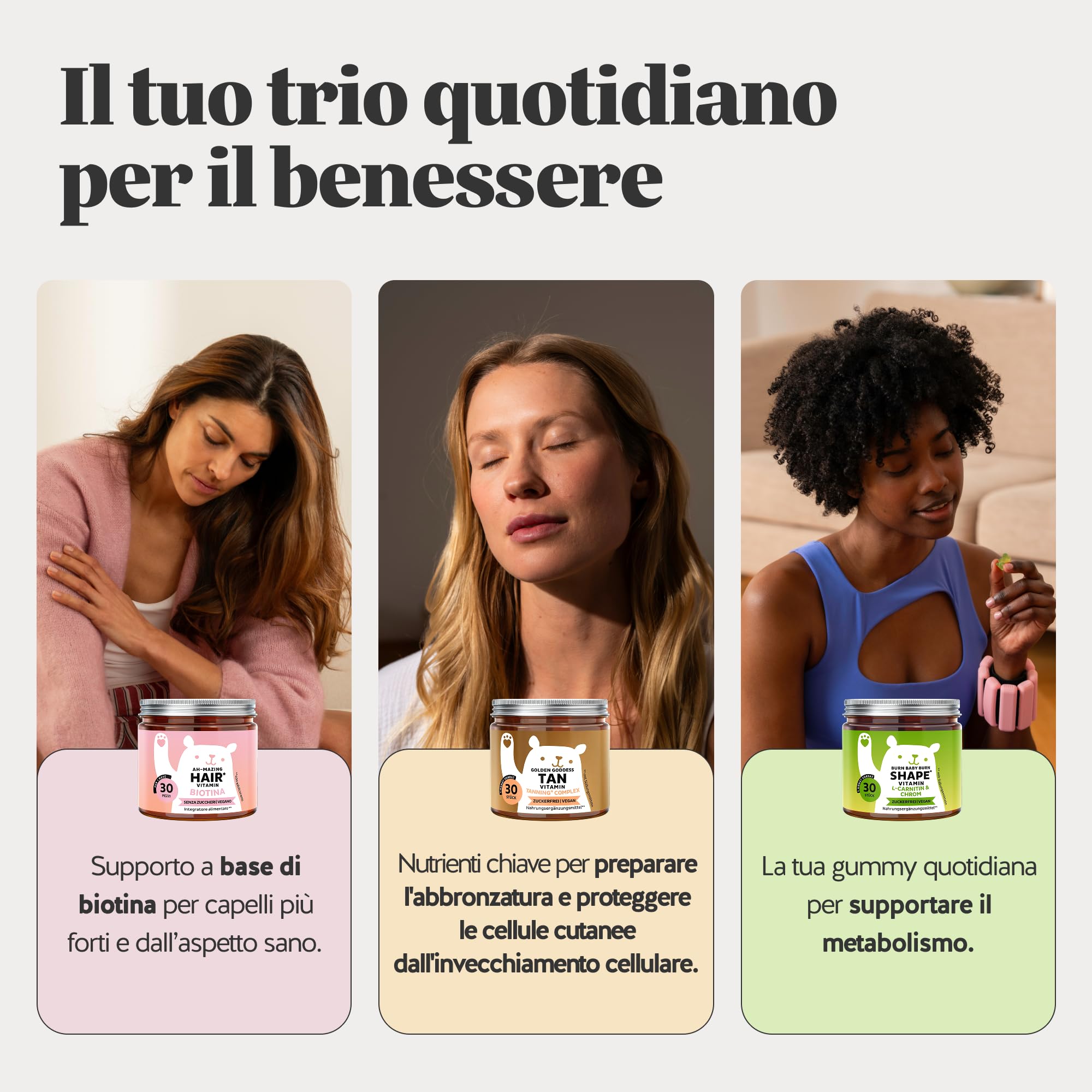 Bears with Benefits - Pack Trio per Capelli, Pelle e Linea - 3x30 pezzi | Pack Trio con Biotina per i Capelli, Rame per la Pelle e Cromo per il Metabolismo - Senza Zuccheri, Vegano