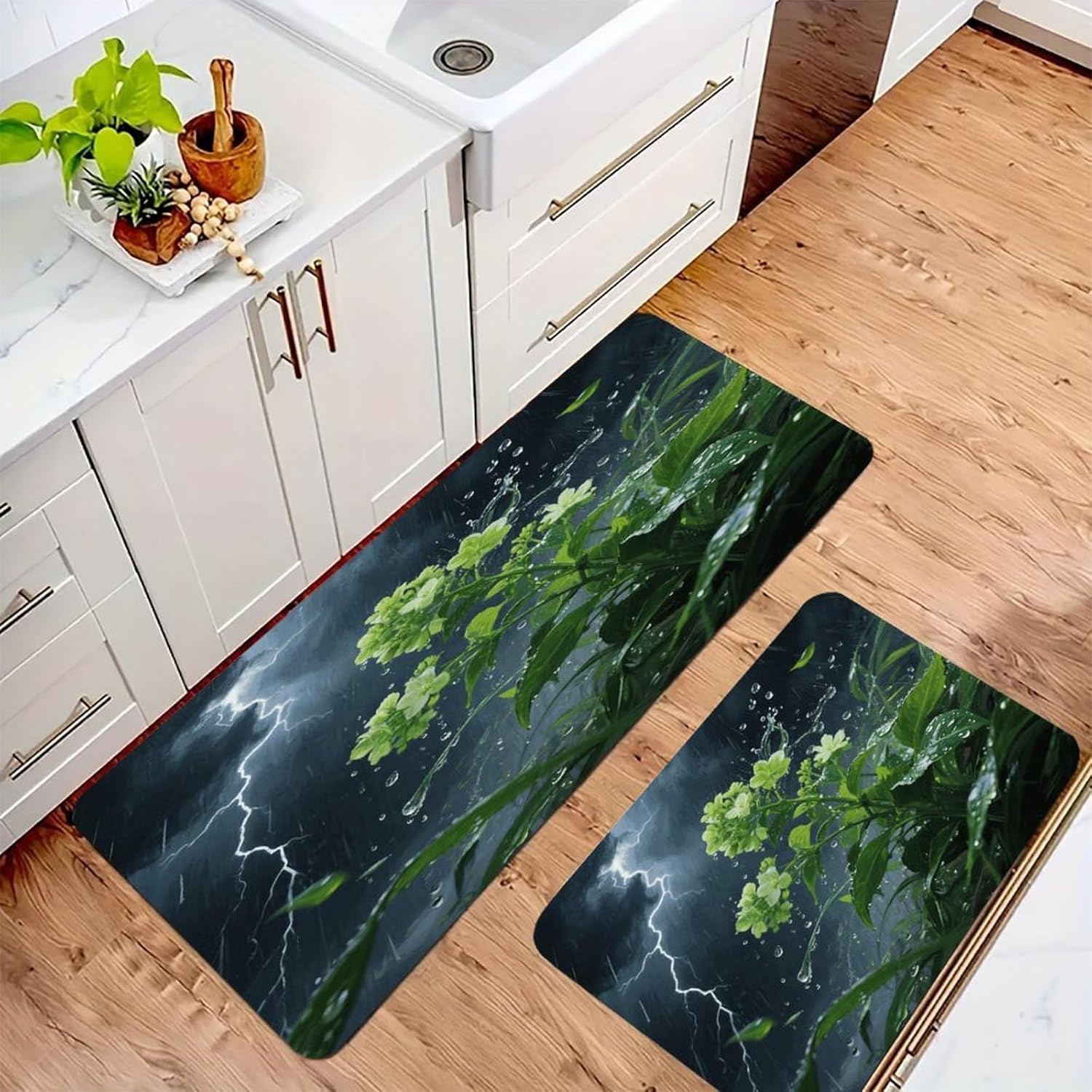 Green Floral Plant Kitchen Mat Set of 2 Ergonomic Comfort Velvet Rugs Cushioned Anti-Fatigue Non-Slip Standing Mats Thick Kitchen Floor Mat Carpet Runner Rugs 16"×24"+17"×47"