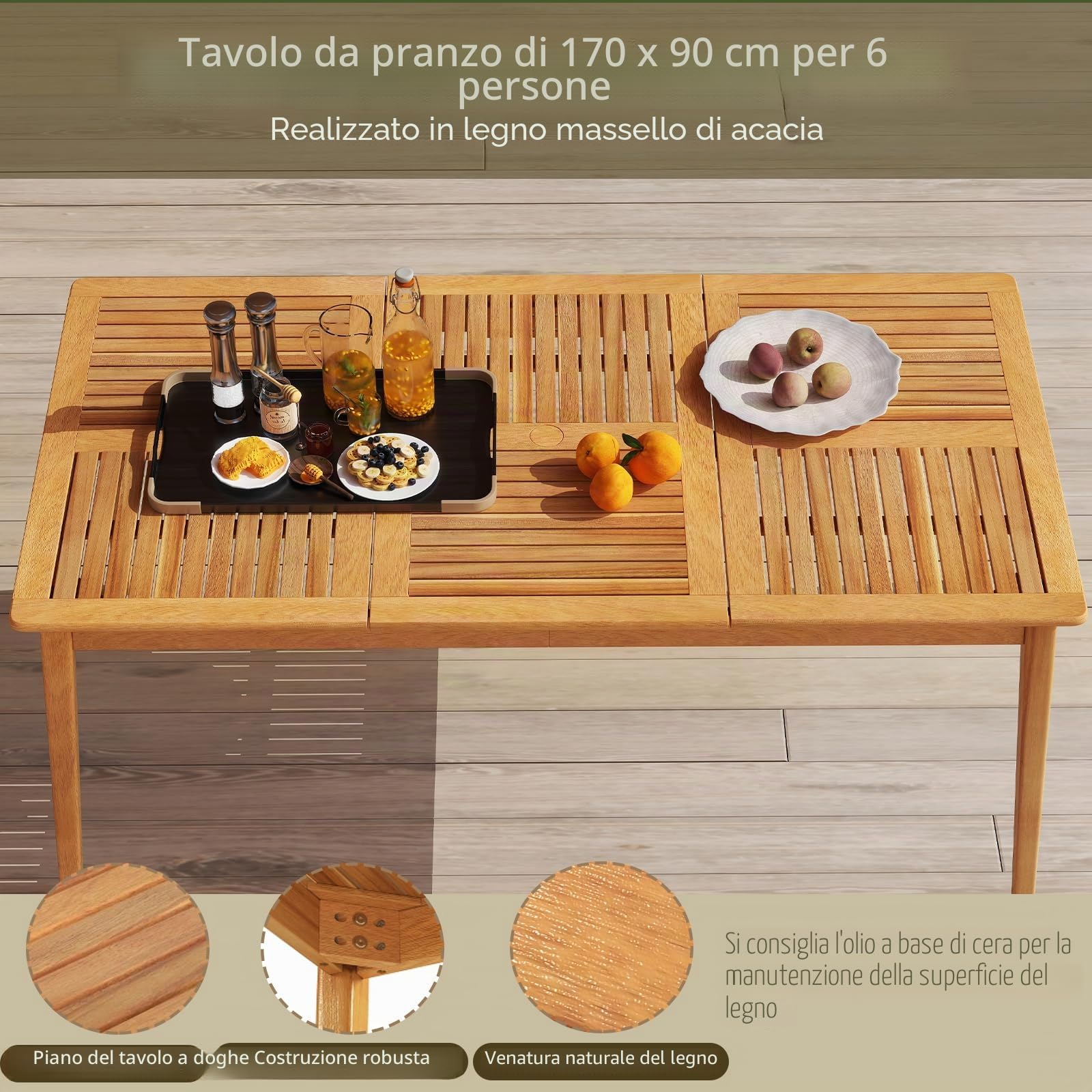 GIANTEX Tavolo da pranzo da giardino con foro per ombrellone, Ø 5 cm, tavolo da esterno rettangolare in legno di acacia per 6 persone, per terrazza, patio, 170 x 90 x 75,5 cm
