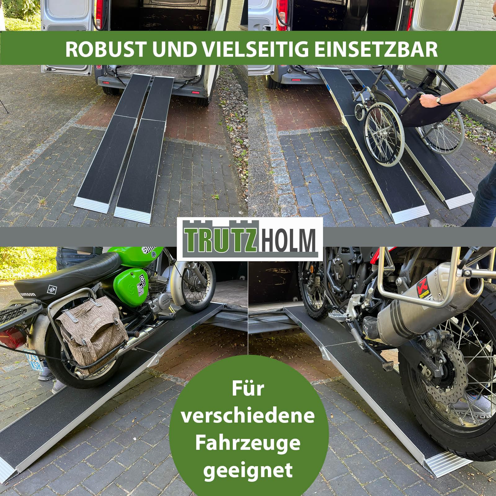 TRUTZHOLM 2X Auffahrrampe klappbar Länge 228 cm 340 kg Traglast je Stück 680 kg Gesamttraglast Aluminium Friktionsbeschichtung Anti Rutsch E-Bike-Rampe Fahrradrampe Motorradrampe inkl. 2X Spanngurt