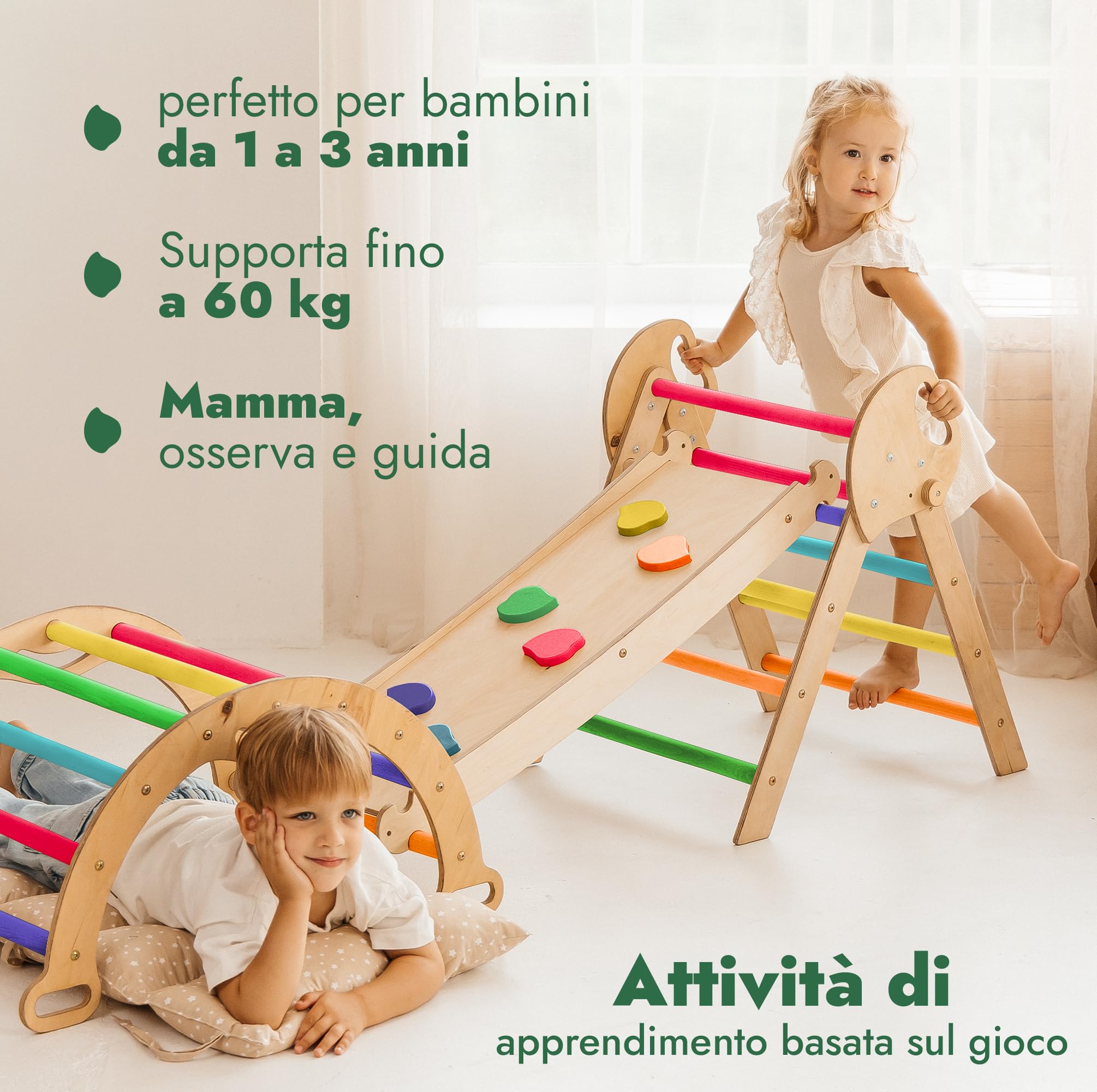 Goodevas Set 5-in-1 Montessori per arrampicata: triangolo da arrampicata per interni, arco da arrampicata con cuscino e scivolo per bambini, parco giochi al coperto 1-3 anni