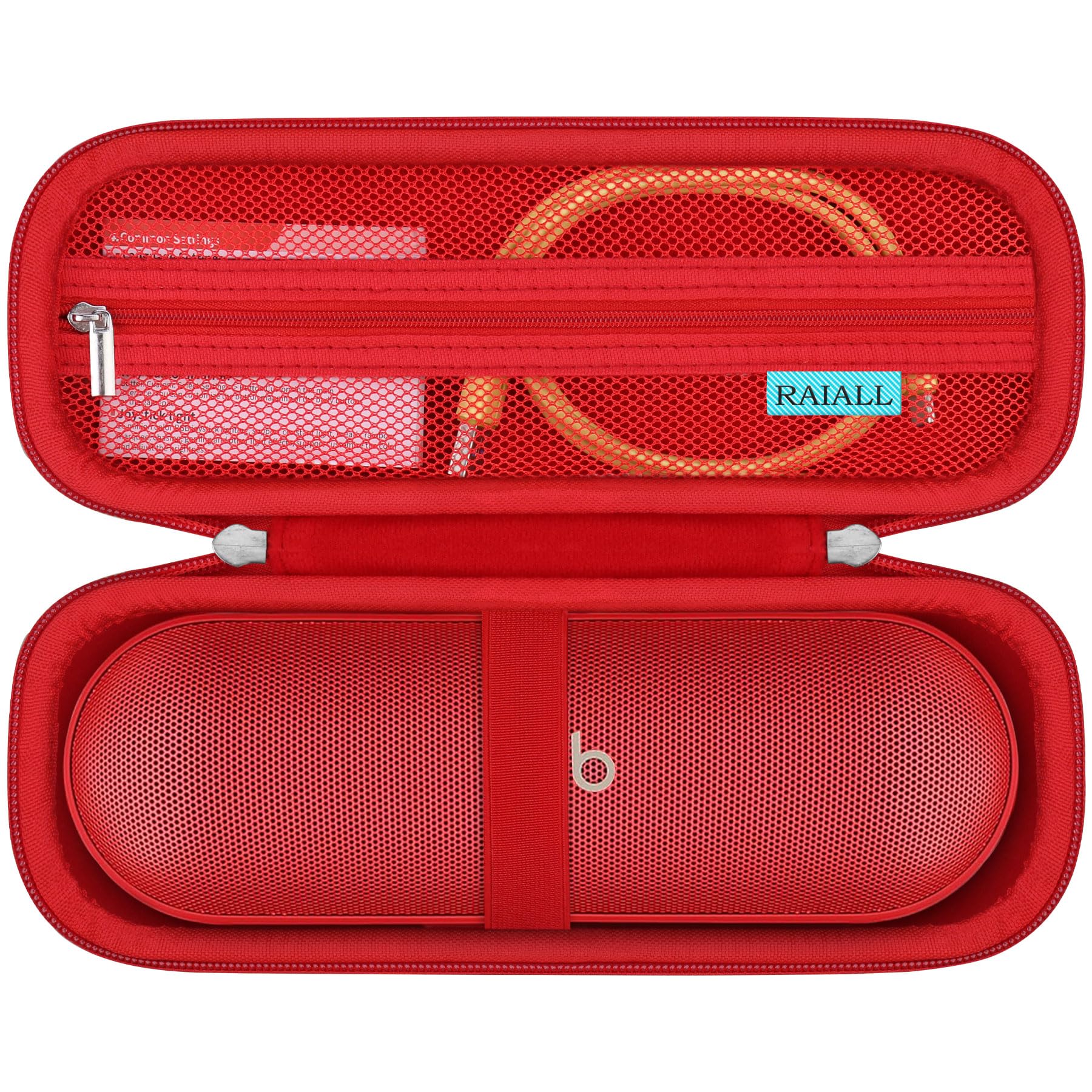 RAIALL Carrying Case for Beats Pill (Latest Release) - Portable Bluetooth Speaker, Beats Pill Hard Protective Travel Holder Cover, Beats Pill Case with Extra Mesh Pocket for Charging Cables, Red