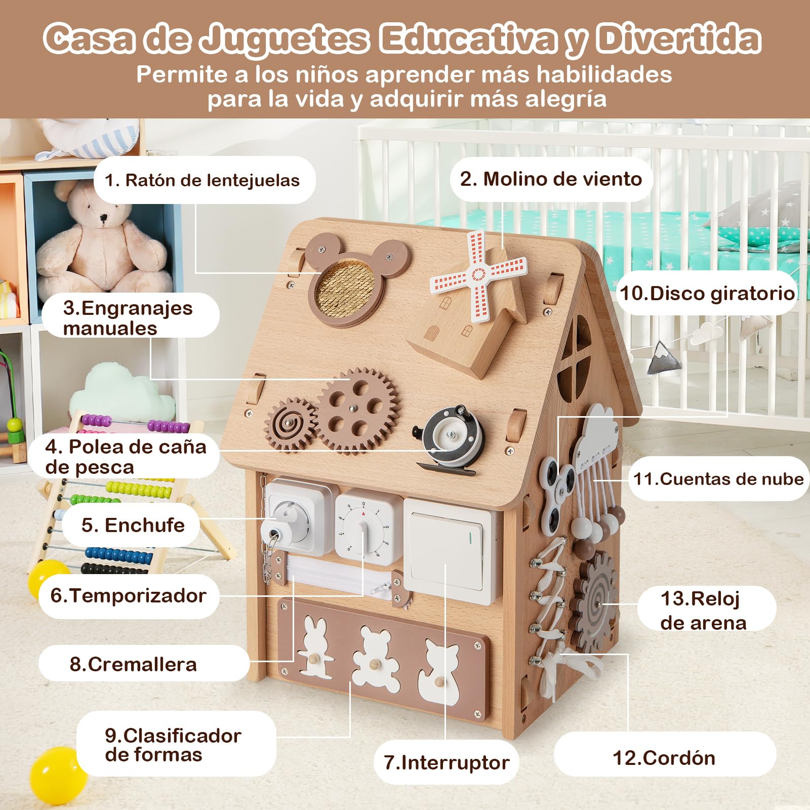 COSTWAY Casa de Juguetes de Madera, Casita de Actividades Multiusos con Juegos Sensoriales y Espacio de Almacenamiento Interior, Juguete Educativo para Niños y Niñas a Partir de 3 Años