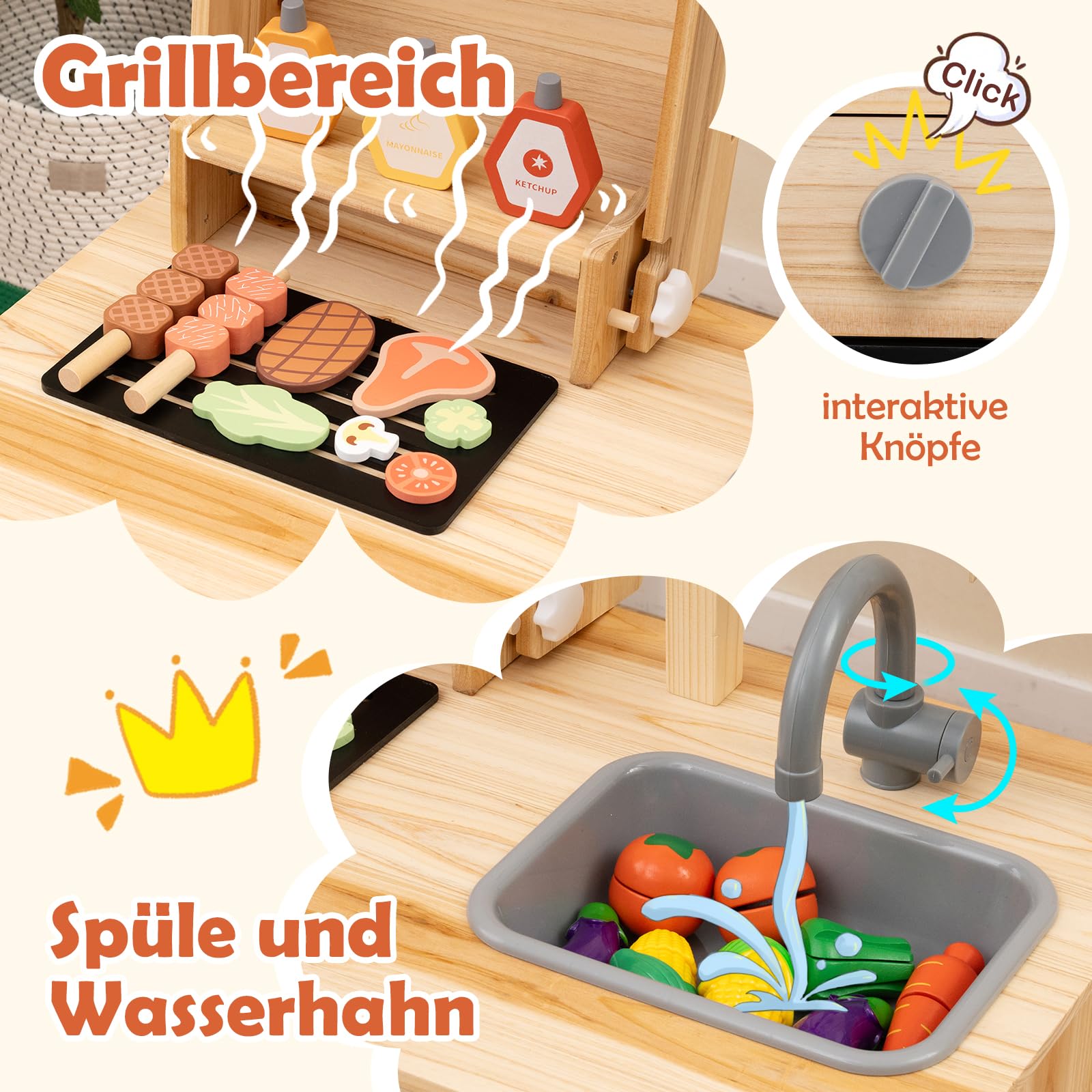 GOPLUS Matschküche Kinder mit Tafel, Kinder BBQ Grill Spielset mit Spielzeugessen, Grillwerkzeugen und Gewürzflaschen, Spielküche Kochspielset mit 27 TLG. Zubehör für Kinder ab 3 Jahren