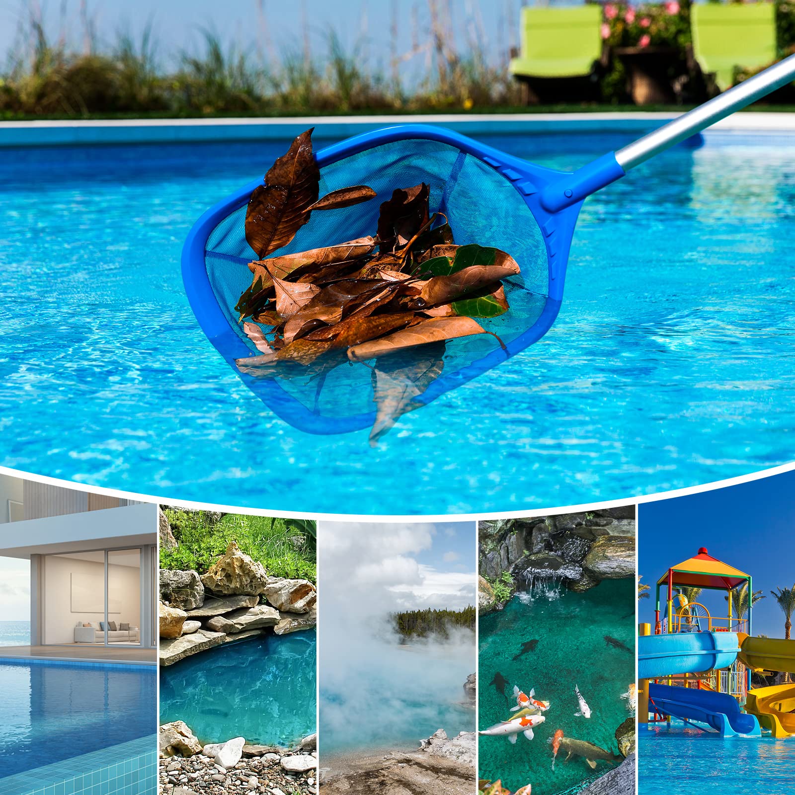Mowend Retino per Piscina, Retina Raccogli Foglie per Piscina con Stabile Palo in Alluminio da 1,14 m, retino per Piscina Professionale con 4 Pali per Piscina, Spa, Laghetti, Sorgenti Termali