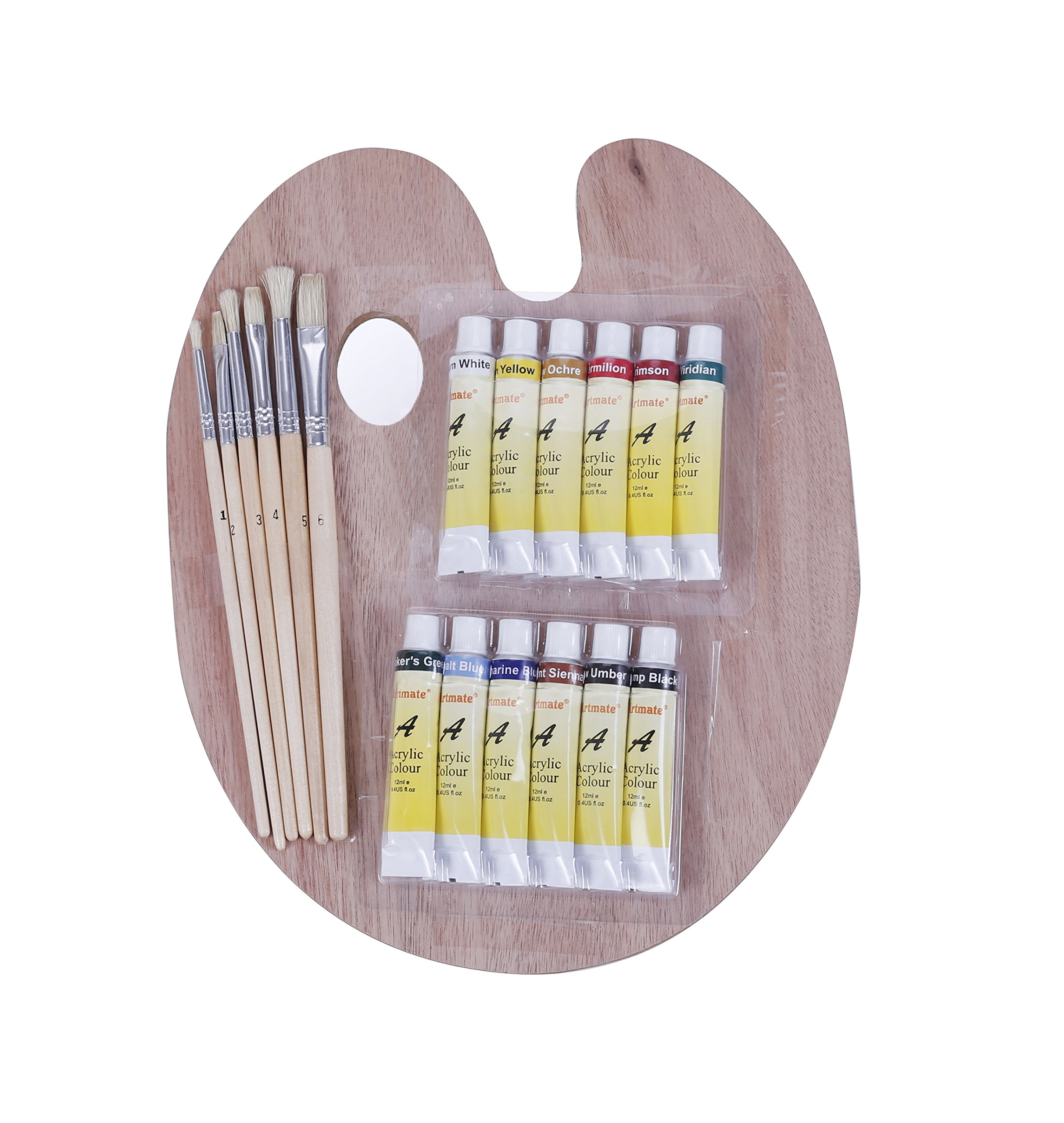 Exerz Ce0017 Acylic Paint, Brushes & Palette Set - 12 X Acrylic Paints (12Ml), 6 X Artist Brushes, 1 X Wooden Palette