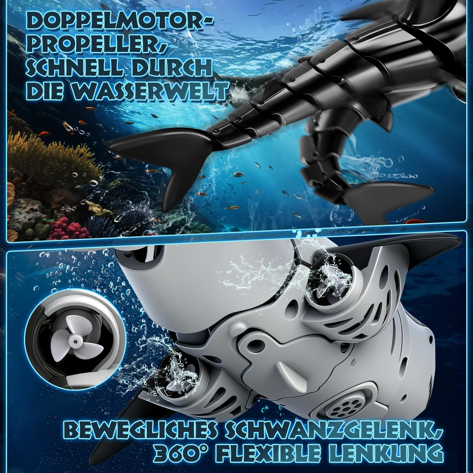 YOOHBERRYS Ferngesteuerter Hai, 2.4GHz Hai Spielzeug, Ferngesteuertes Hai-Boot mit Licht- und Wassersprühfunktion, Pool Spielzeug Geschenk für 6+ Jahre Junge Mädchen (Grau)