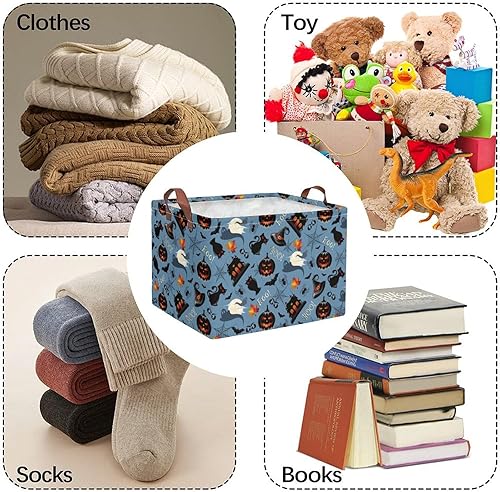 Miniatura 5 de Cestas de almacenamiento de calabaza negra de Halloween, contenedores de almacenamiento plegables, rectangular, de tela de lona con asas de cuero