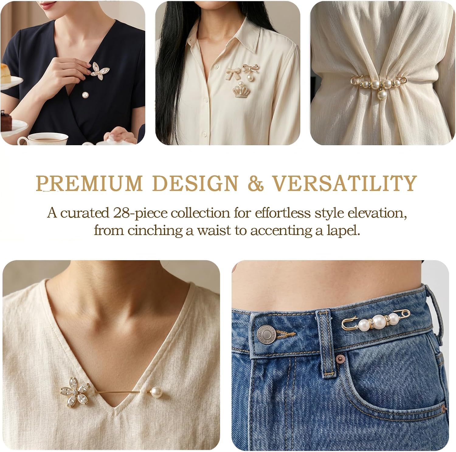 28 Pcs Brooches and Pins for Women Clothing Include Safety Pins & Pants Waist Tightener Pearl & Rhinestone Design for Clothes Accessories
