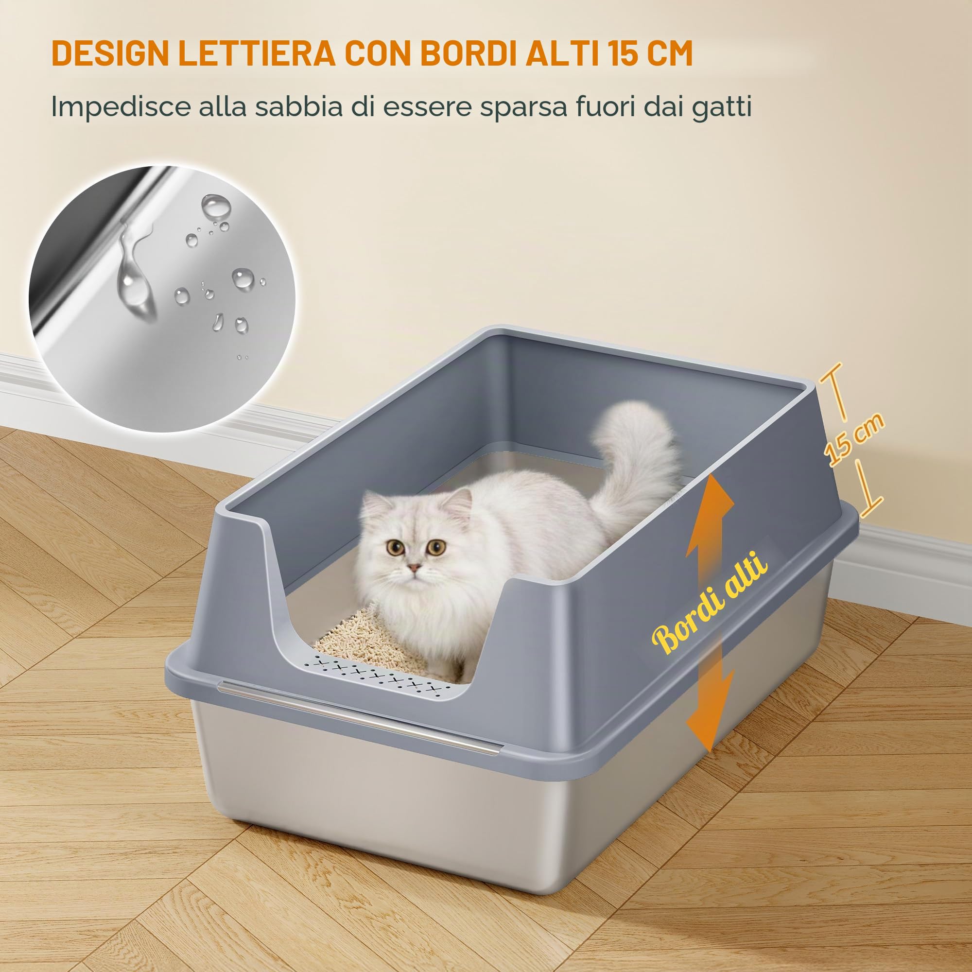 Lettiera in Acciaio per Gatti XXL, 60,5x40x29 cm, Grigio Scuro | Metallo Lettiera Acciaio con Bordi Alti, Grande Capacità Lettiere per Gatti, Paletta, Facile da Pulire FPLB003SG2