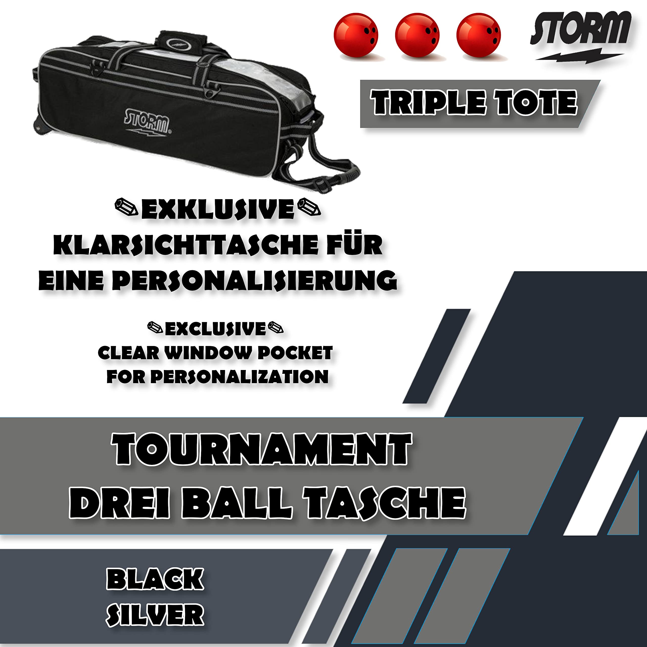 Sac de bowling pour 3 balles – Storm Tournament Triple Tote – Sac étroit à trois balles – Extrêmement léger – Fenêtre transparente – Plateau rembourré – Fermeture éclair renforcée – Noir