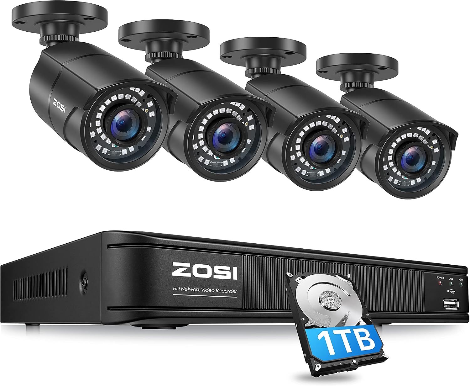 ZOSI H.265+ 5MP PoE Home Security Camera System Outdoor Indoor, 8CH Ultra HD NVR, 4X 5MP Weatherproof PoE IP Cameras, 120ft Night Vision, 1TB HDD for 24/7 Recording, Remote Control, Motion Detection
