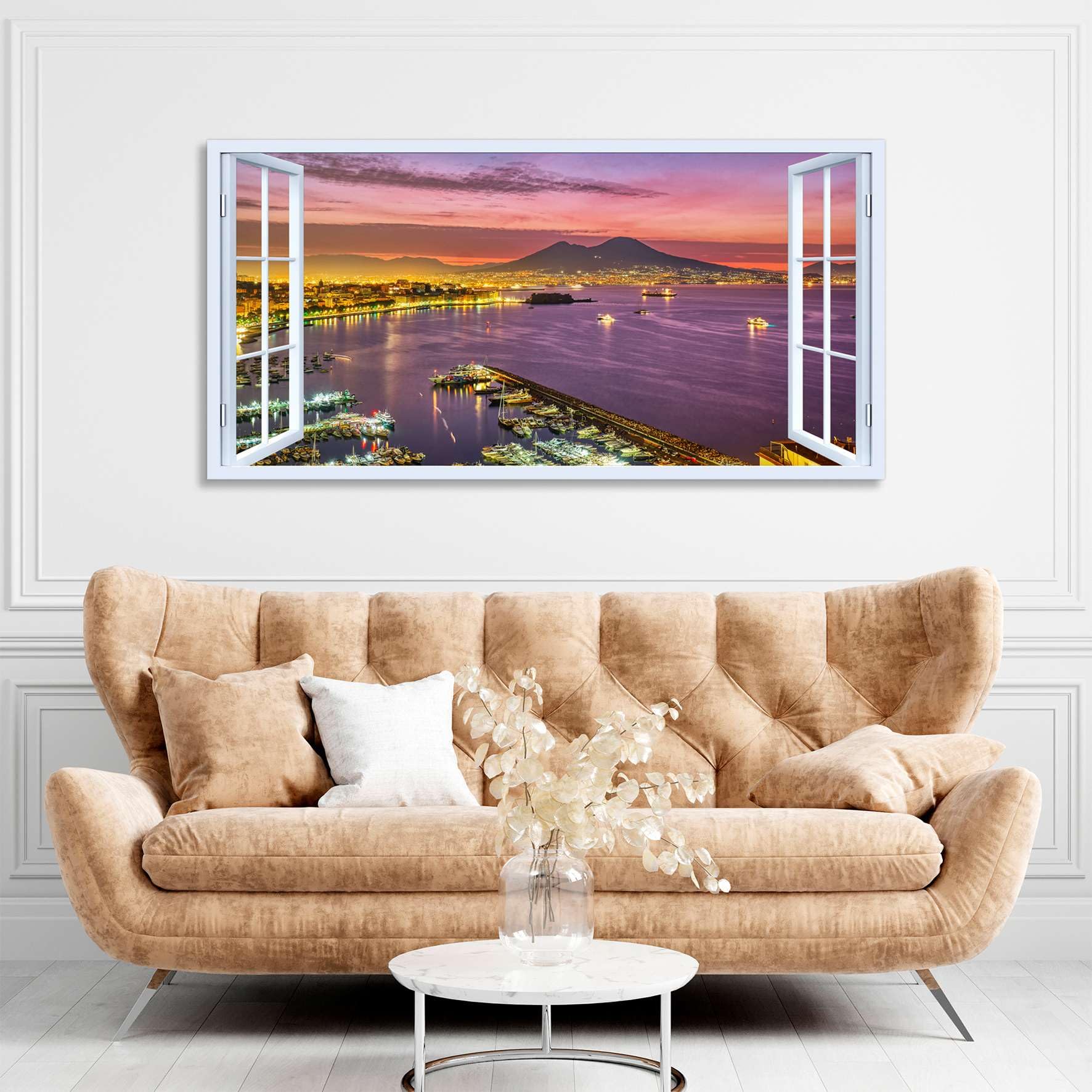 Quadro finestra Panorama golfo di Napoli Vesuvio al tramonto - Stampa su tela con telaio in legno - 120x60 cm