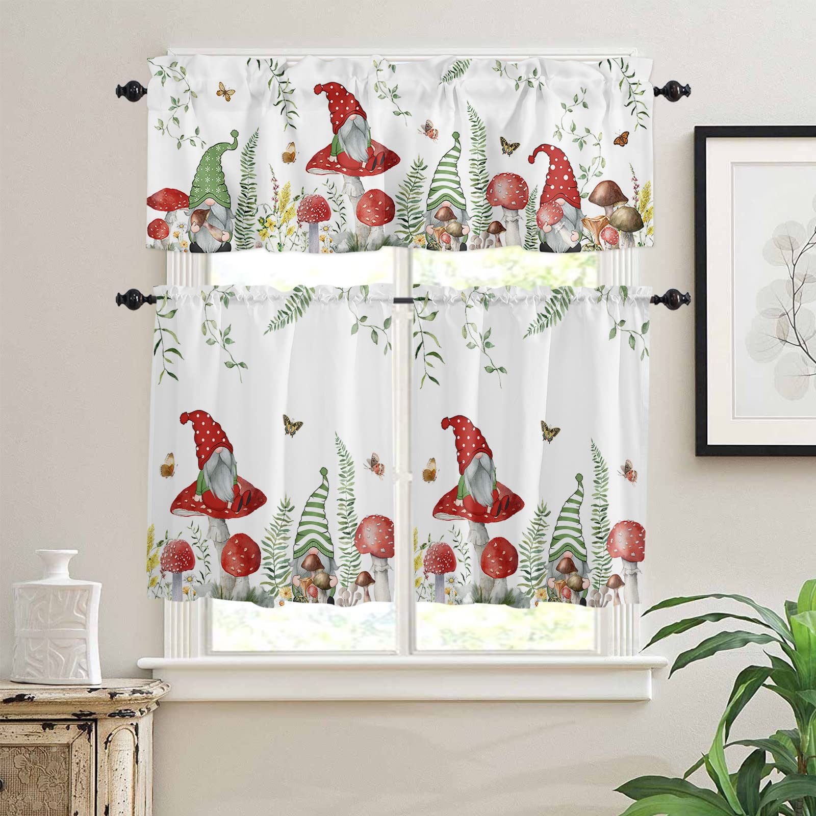Anzona Kitchen Curtain Tiers and Valance Set of 3, Mushroom Wildflower Polyester Window Curtain Set, Green Gnomes Butterfly Spring Curtain Drapes for Kitchen, Cafe, 54''x18'' + 27.5''x24''x2