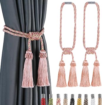 Magnetic Curtain Tiebacks Tassel Curtain Tieback Modern Handmade Tie Backs,Decorative Tassel Holdback for Draperies,Window Decor Mix Pink, 2 Pack