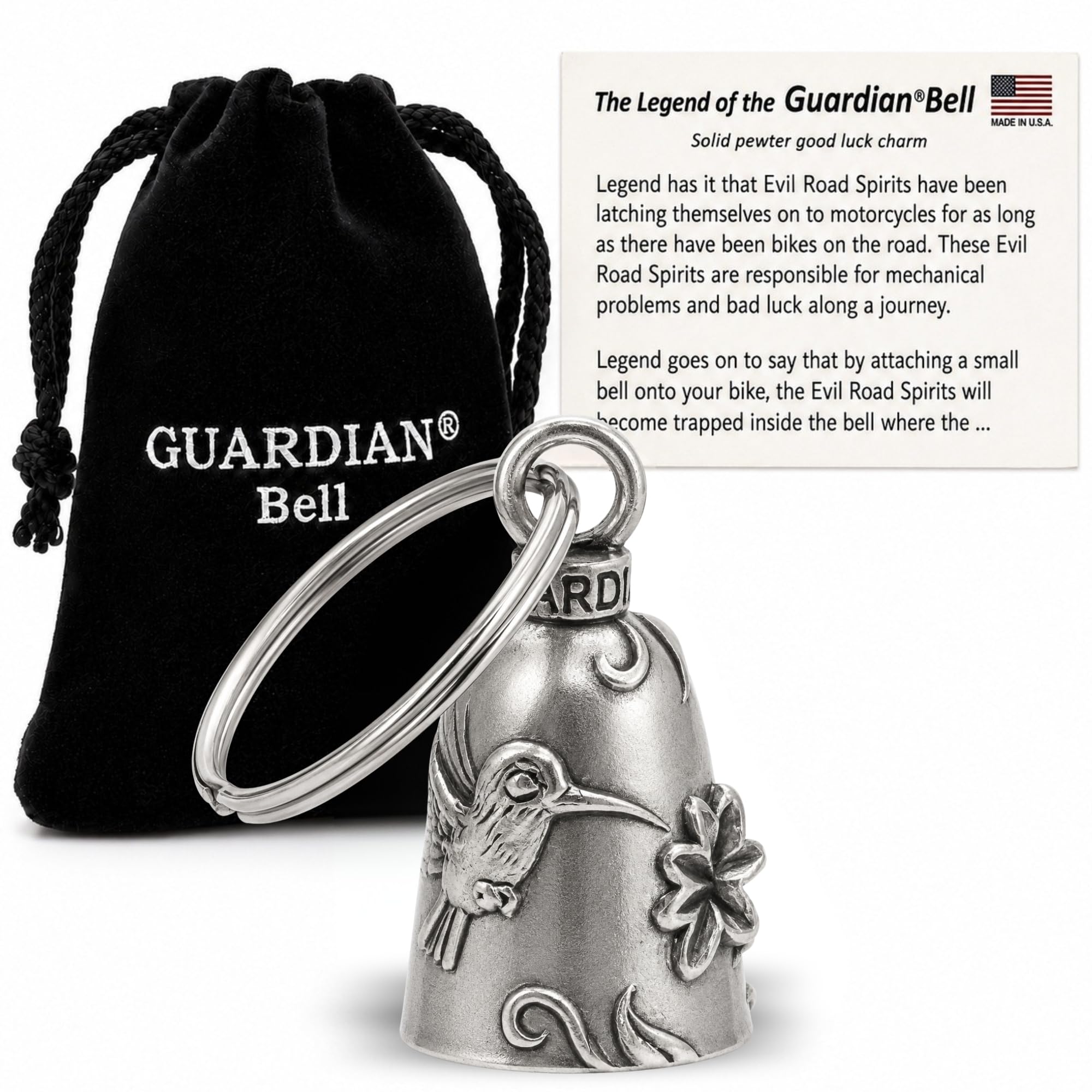 Guardian Bell Animals Good Luck Bell w/Keyring &amp; Black Velvet Gift Bag | Motorcycle Bell | Lead-Free Pewter | Made in USA