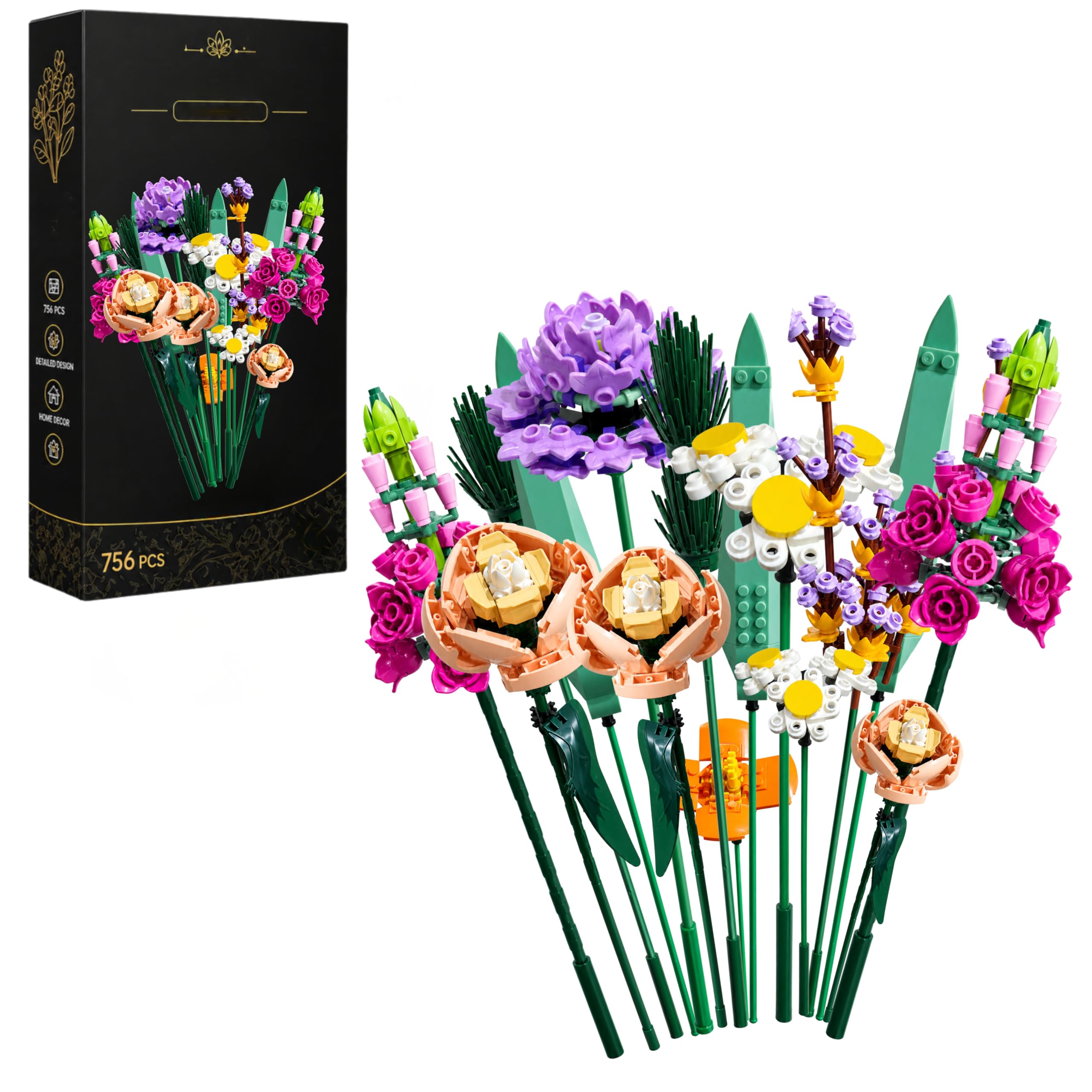 Flower Bouquet Building Blocks Set | Botanical Artificial Flower Decor Toy (756 Pieces) | DIY Creative Brick Bouquet for Home & Office Decoration-image-34