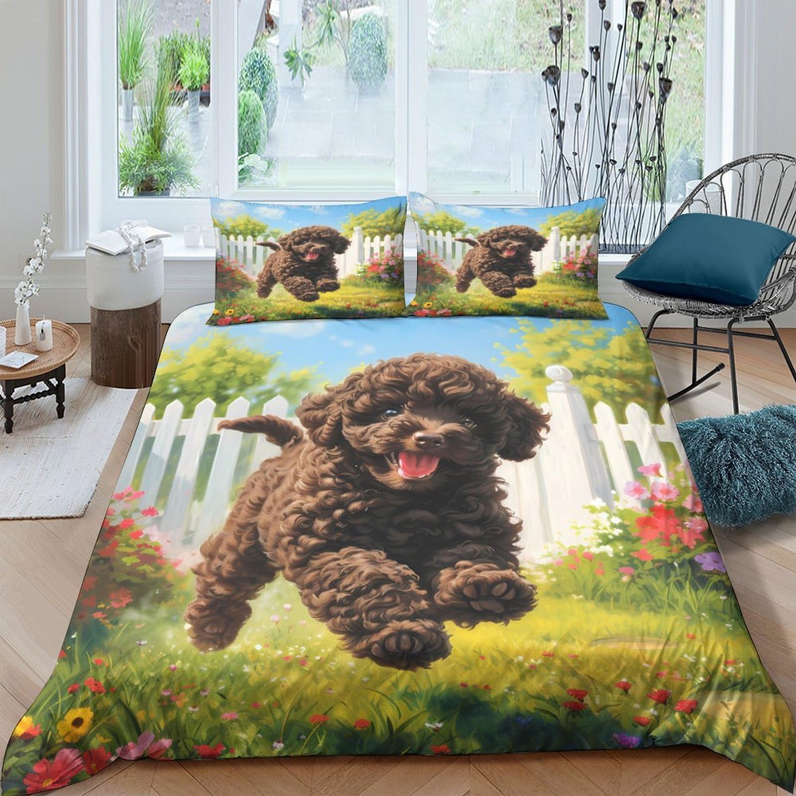 GPLZQXKJNH 3D Printed Brown Poodle Duvet Cover Microfiber Soft Breathable Garden Dog Bedding Set with 2 Pillowcases for Bedroom Decor Single（135x200cm）
