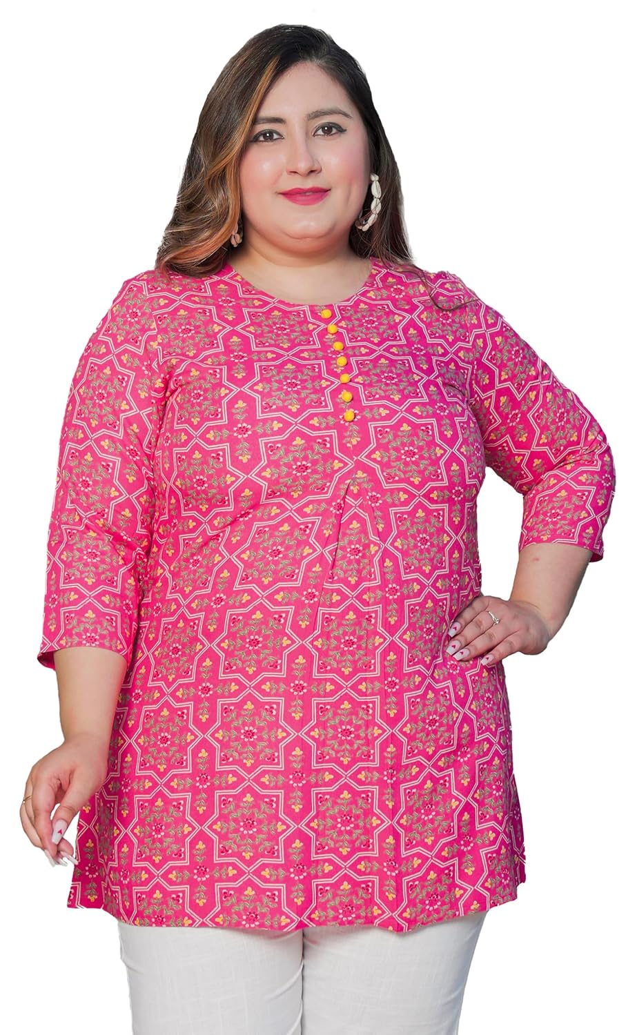 Akiko Women’s Pure Cotton Printed Kurti Straight Fit Casual & Office Wear Short Kurta for Women 3/4th Sleeve Ethnic Top with Round Neck