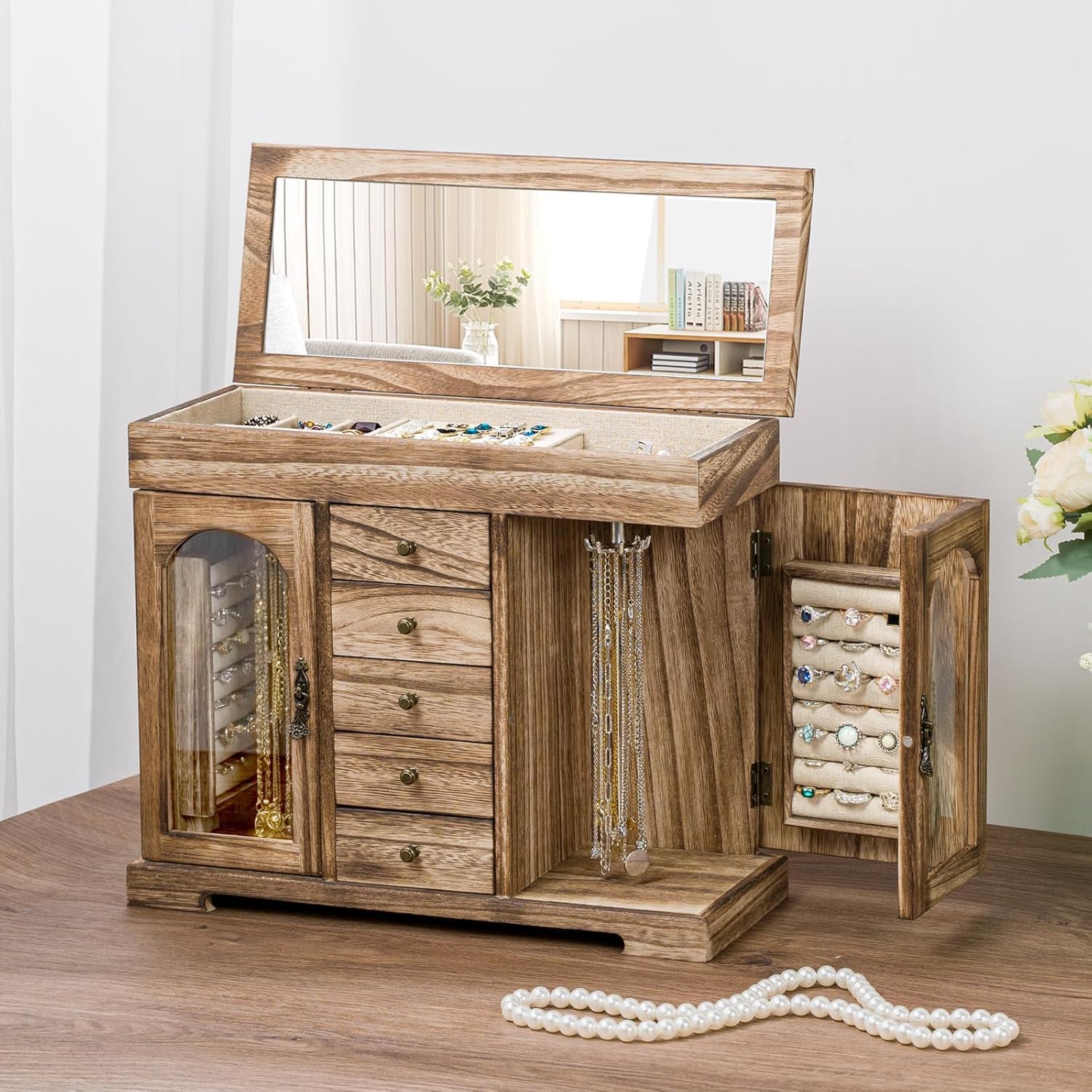 Schmuckkästchen für Damen, 6 Ebenen Rustic Aufbewahrungsbox, Groß Holz Schmuckaufbewahrung mit Spiegel, Schmuckkasten Organizers für Ringe, Ohrringe, Armbänder, Halsketten (Retro Brown)