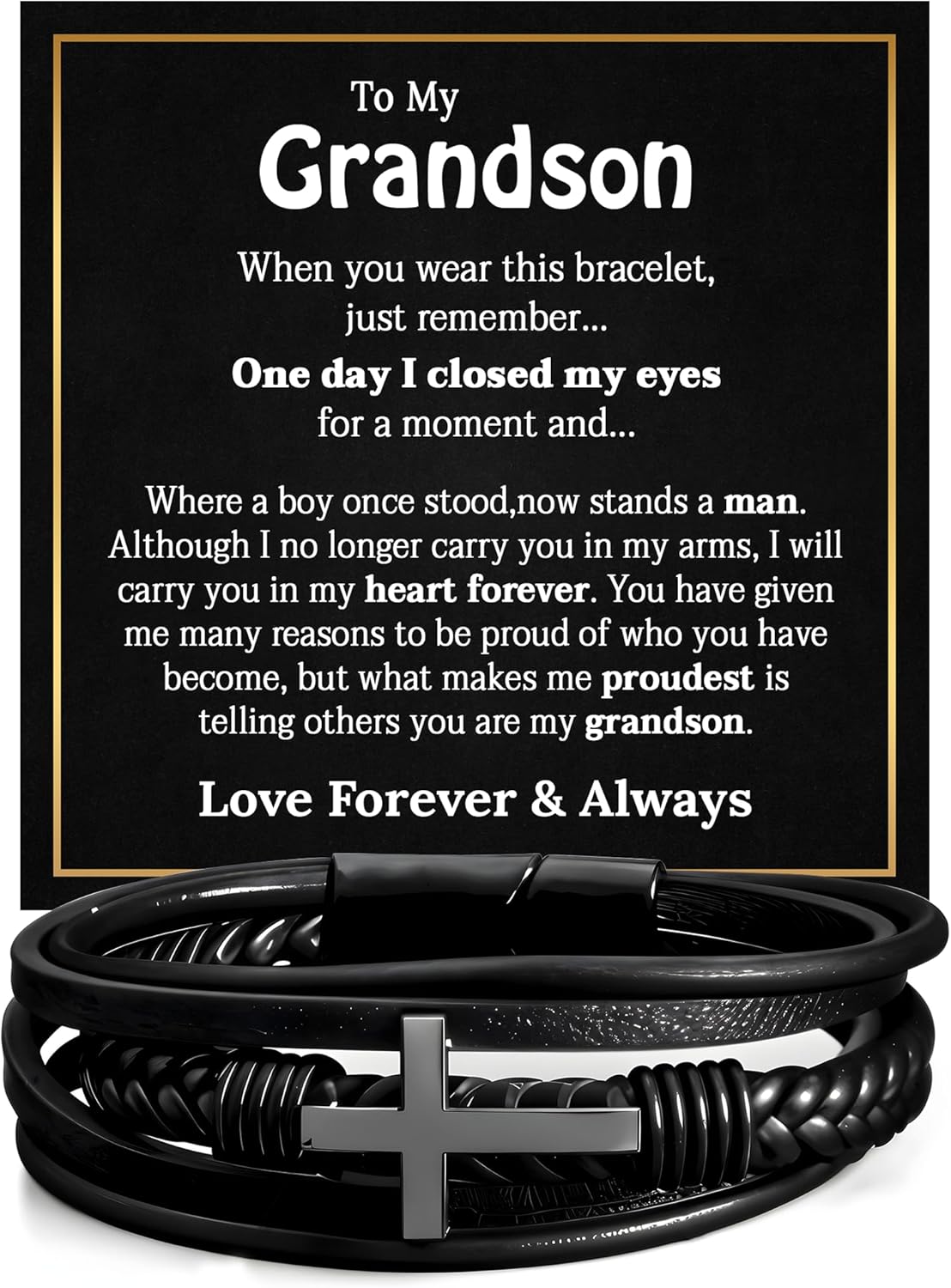 To My Grandson Bracelet Gift – Meaningful Jewelry from Grandparents with Message Card and Gift Box, Perfect for Birthday, Graduation, or Christmas, a Heartfelt Keepsake to Inspire and Encourage Him.