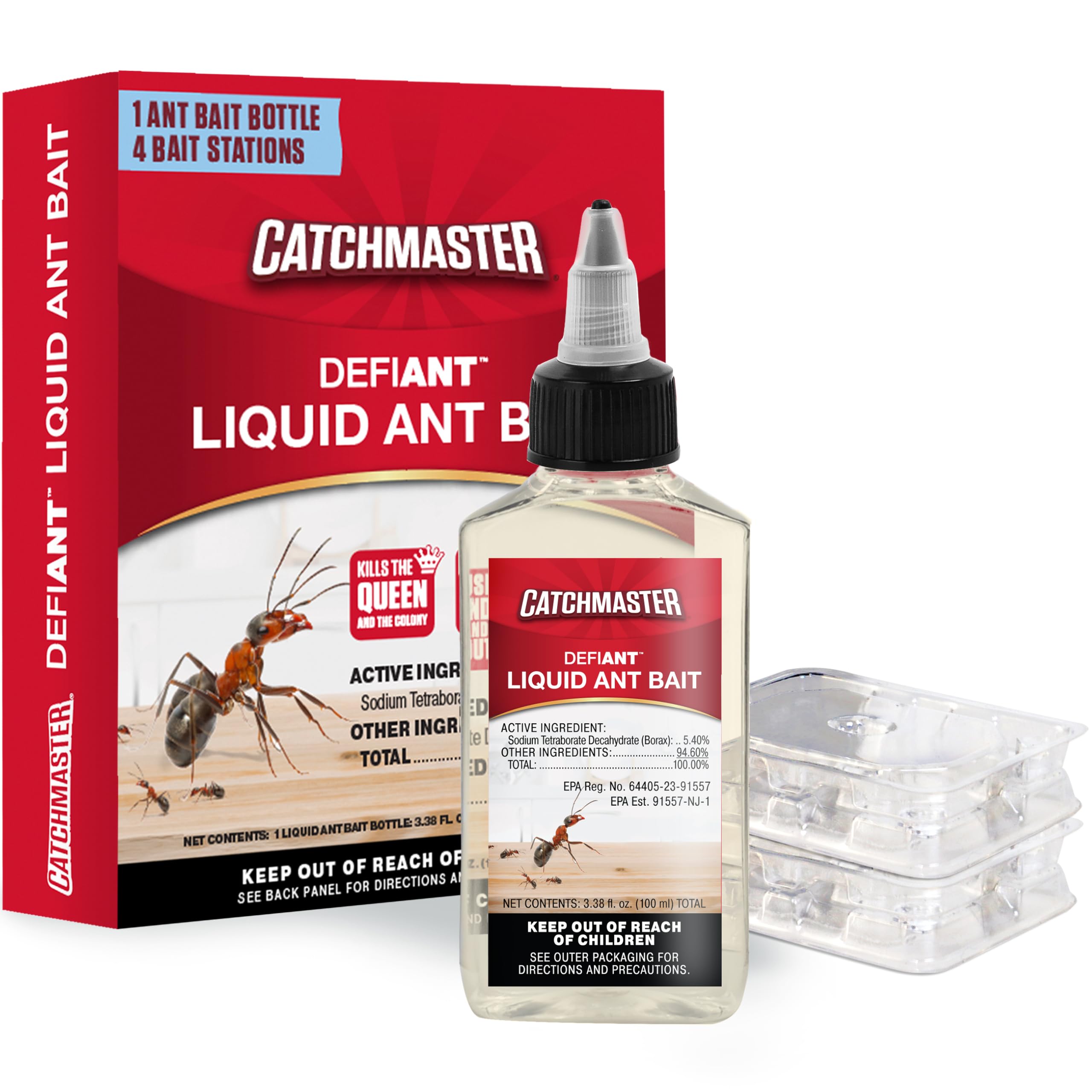 Catchmaster DefiANT Liquid Ant Killer Indoor (50 uses) + 4 Reusable Liquid Ant Bait Stations (2 Stacked), Multi-Surface Pest Control Traps for Home & Outdoor, Reduce & Remove Colonies, American Made
