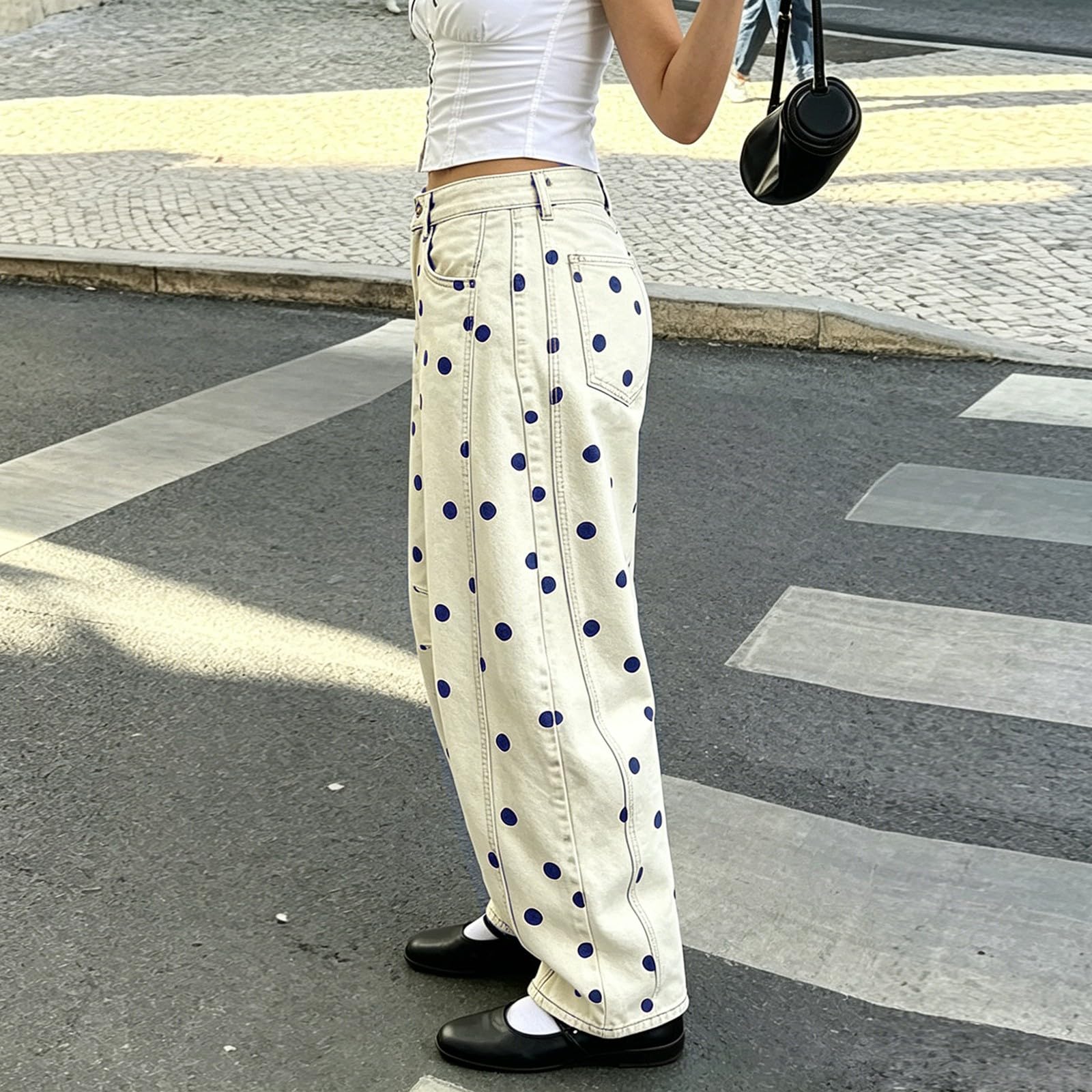 Baggy Jeans Damen Polka Dot Barrel Jeans High Waist Elegant Freizeithose