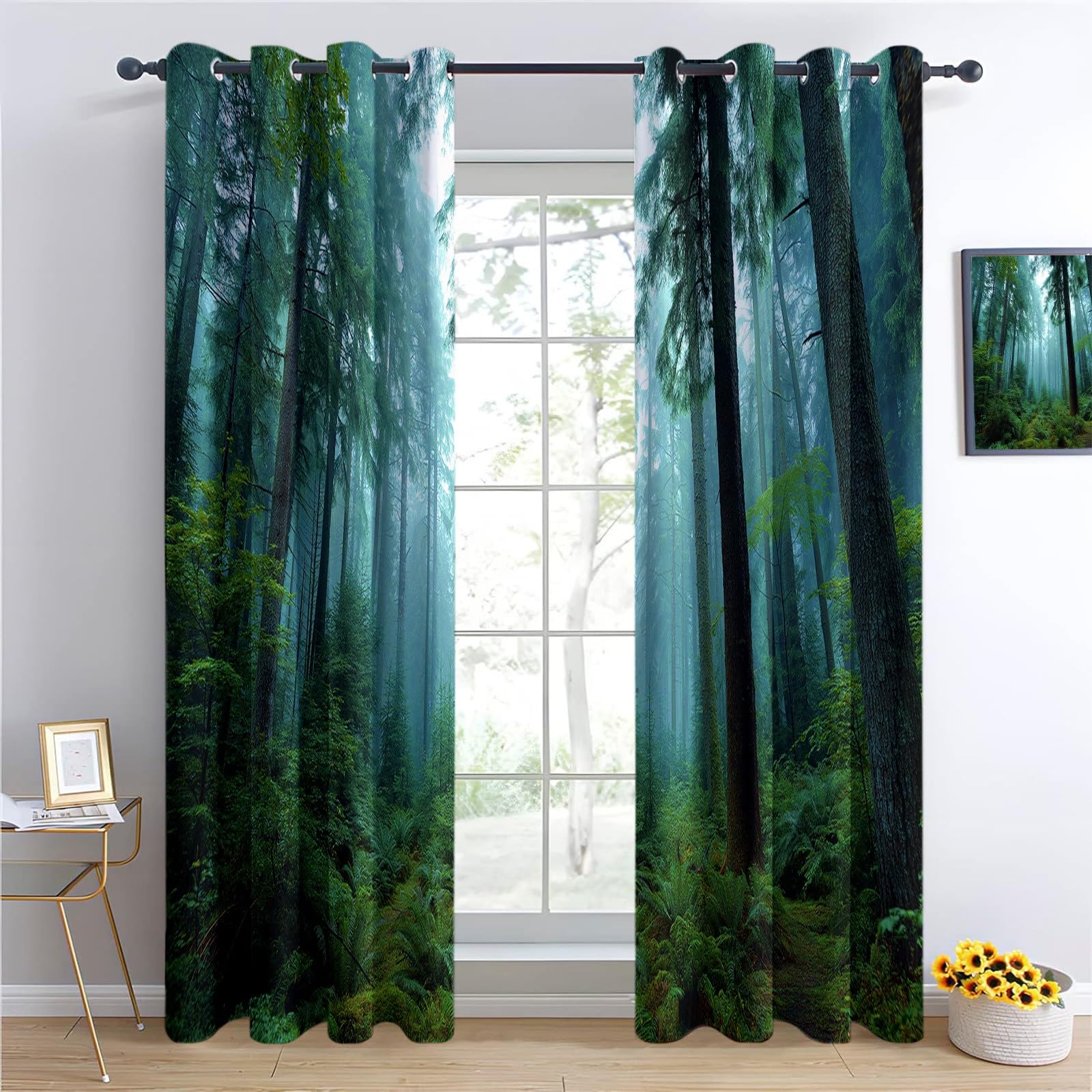 Verdunklungsvorhänge Wald Nebel Kinderzimmer Vorhänge Blickdicht, Dunkelgrün Thermovorhang mit Ösen, für Schlafzimmer Fenster & Balkon Geheimnis Bäume - 110 x 215 cm (2er Set)