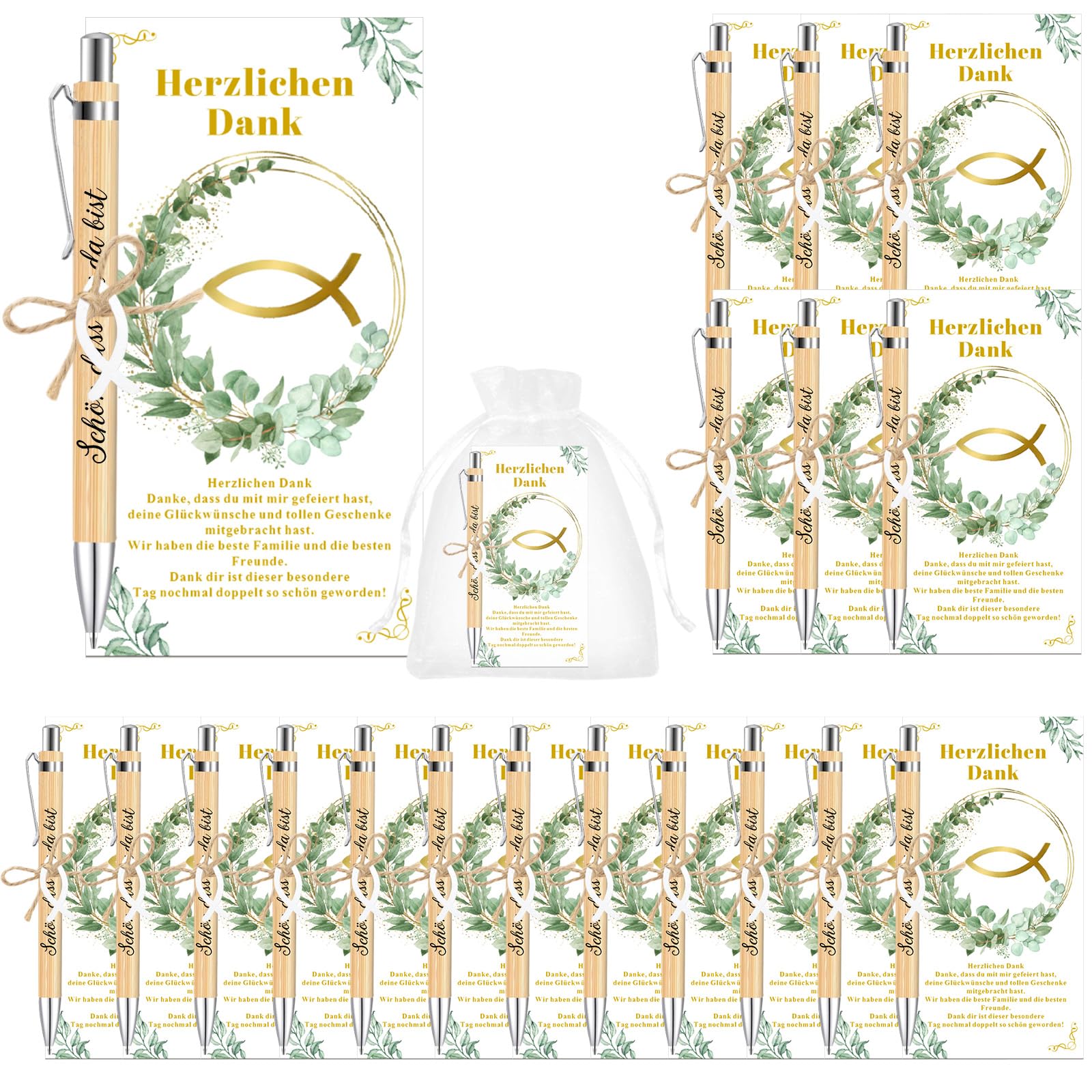 Sunwuun 20 Stück Gastgeschenk Konfirmation,Dankeschön Geschenke Klein,Segenskarten,Kugelschreiber,Organzabeutel,Kommunionsfischdekorationen und Hanfseile,Schön Dass du da Bist