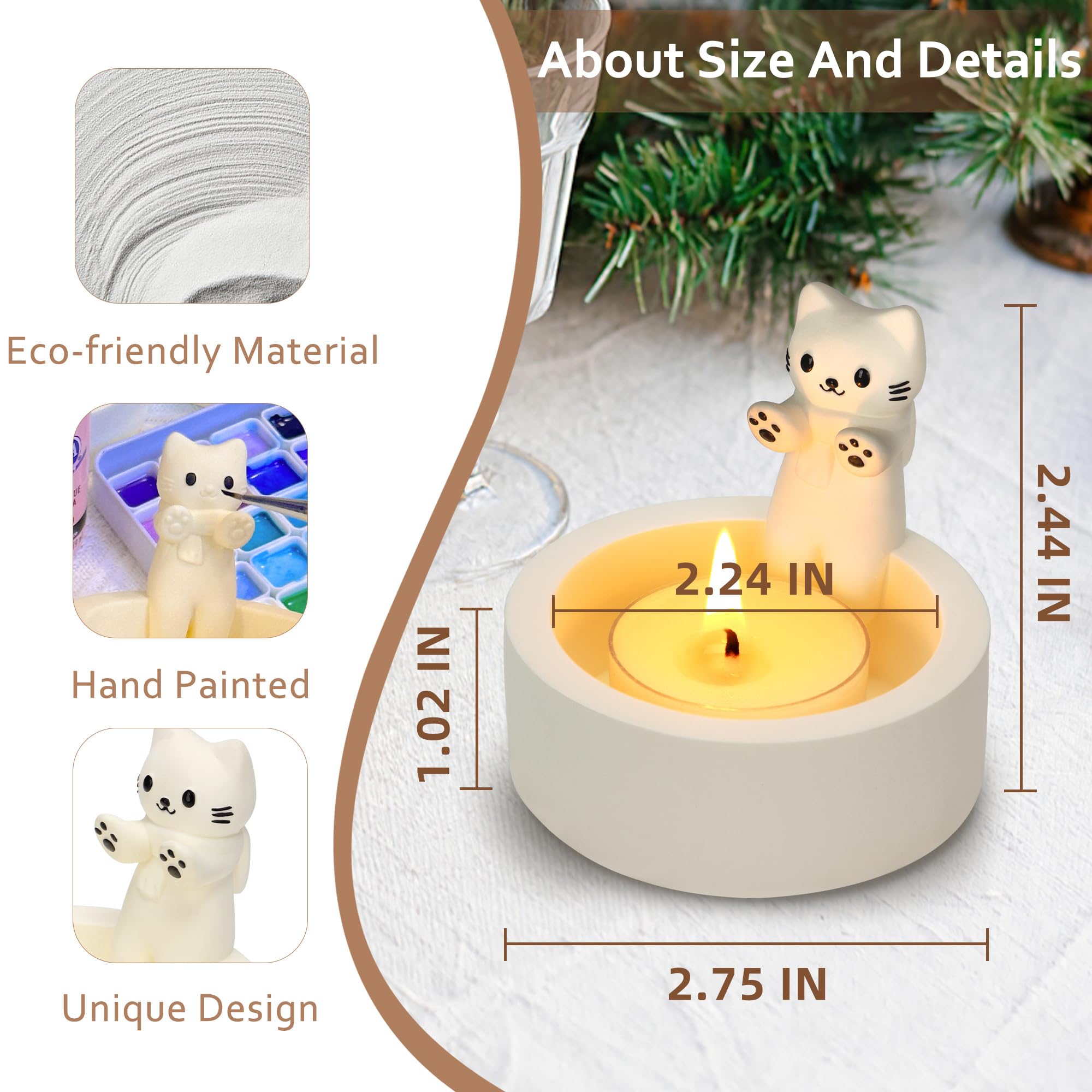 Teppellze Cat Candle Holder Cute Kitty Cartoon Kitten Candle Holder Warming Paws Plaster Handmade Tea Light Candle Sticks Holder Home Decor Gifts for Cat Lovers with Keychain for Free.