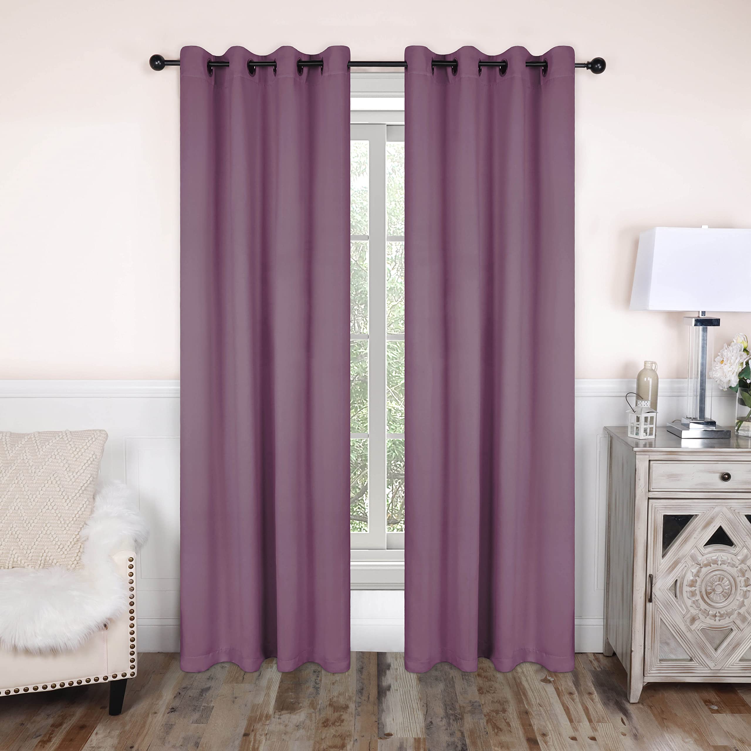 Superior Blackout Curtains, Room Darkening, Bedroom, Drapes, Kitchen, Living Room Window Accents, Sun Blocking, Thermal, 2 Pack, 8 Grommets, Solid Blackout Curtains, Set of 2, 52" x 72", Wisteria