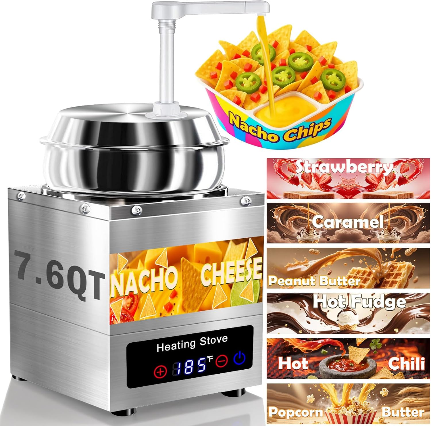Nacho Cheese Dispenser with Pump - 7.6 QT Nacho Cheese Sauce Warmer Machine, Hot Fudge Warmer with 6-Level Temperature Adjustment, Commercial Dispenser for Syrup Hot Chili Caramel Peanut Butter