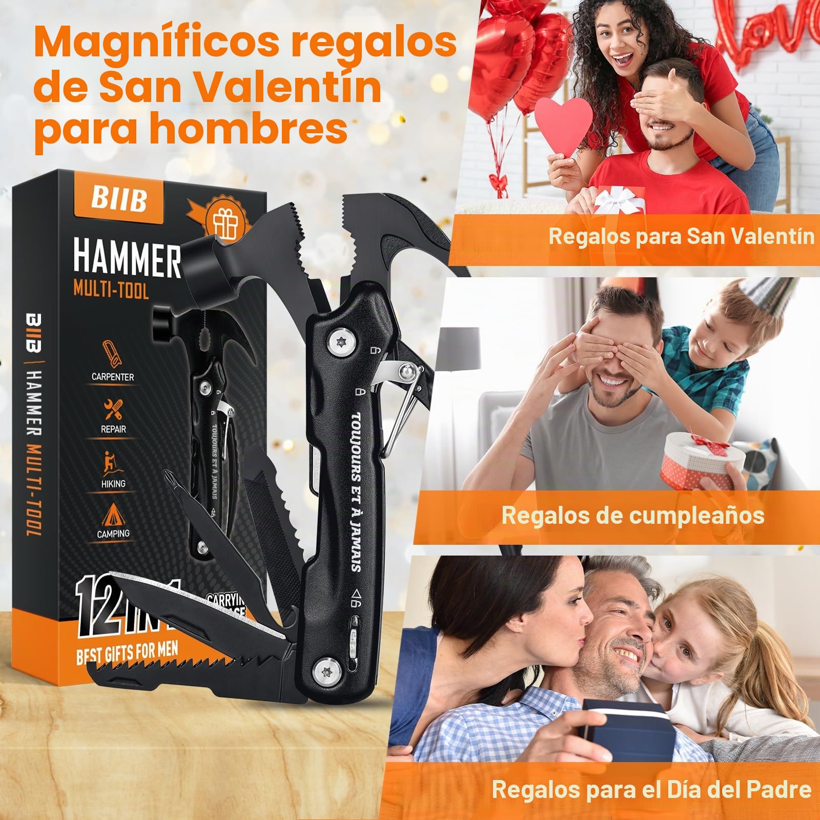 BIIB Regalo de San Valentín para hombres, herramienta multifunción 12 en 1, regalo de cumpleaños de San Valentín para hombres, artilugio útil inusual, accesorios de camping para papá, idea original de